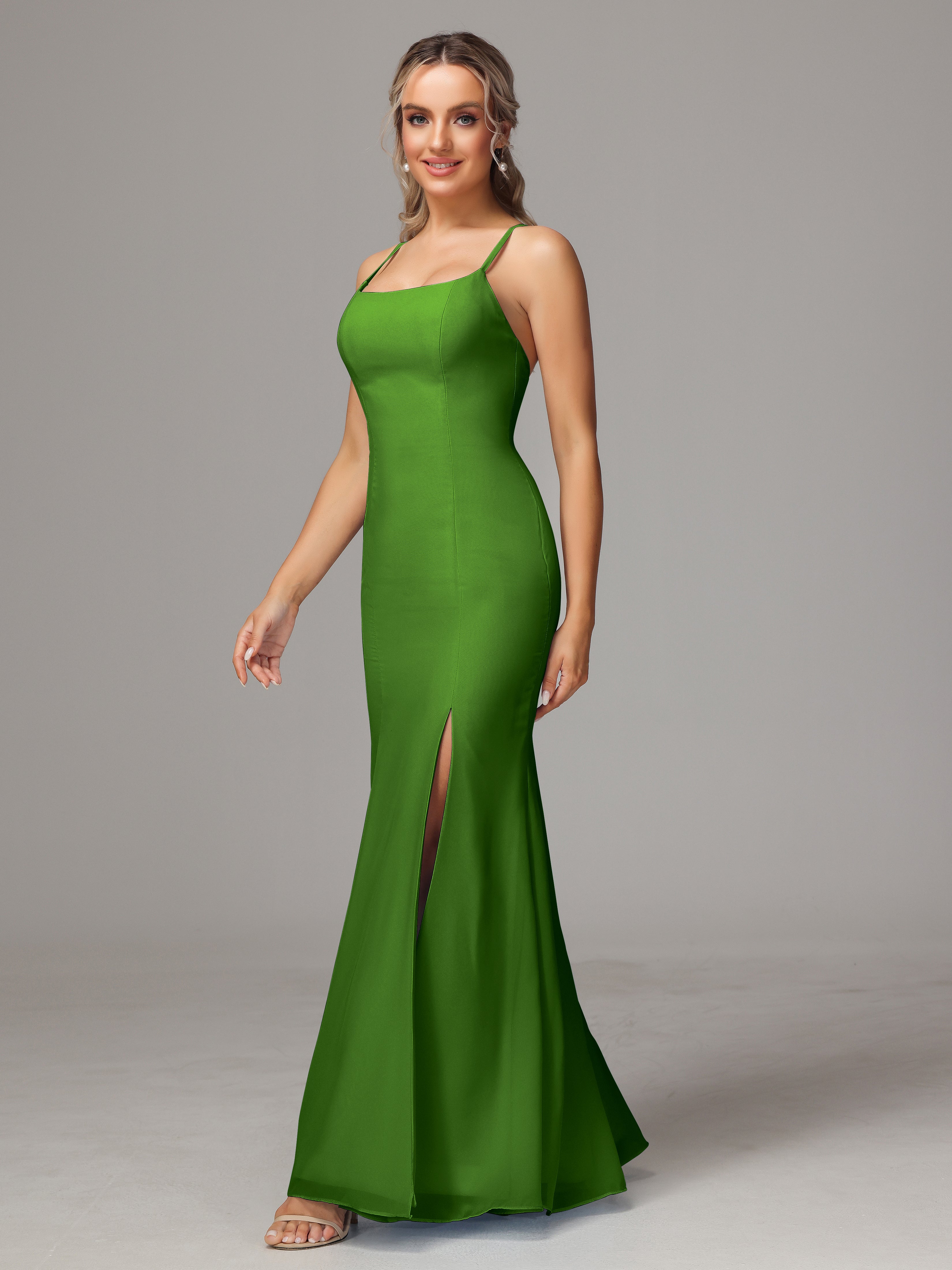 Spaghetti Straps Cross Back Chiffon Bridesmaid Dress