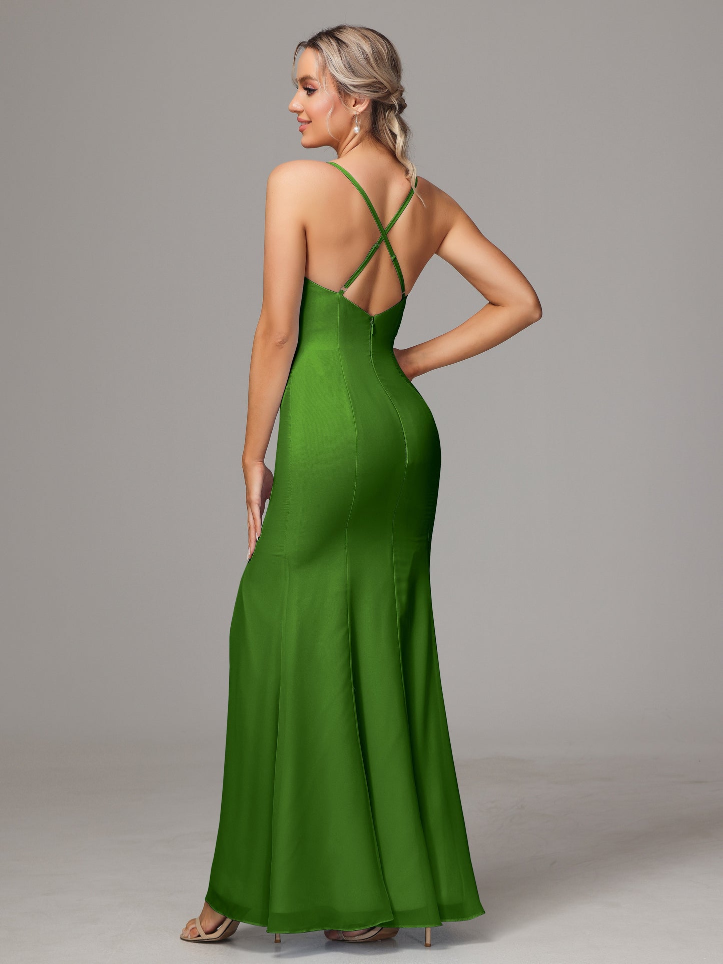Spaghetti Straps Cross Back Chiffon Bridesmaid Dress