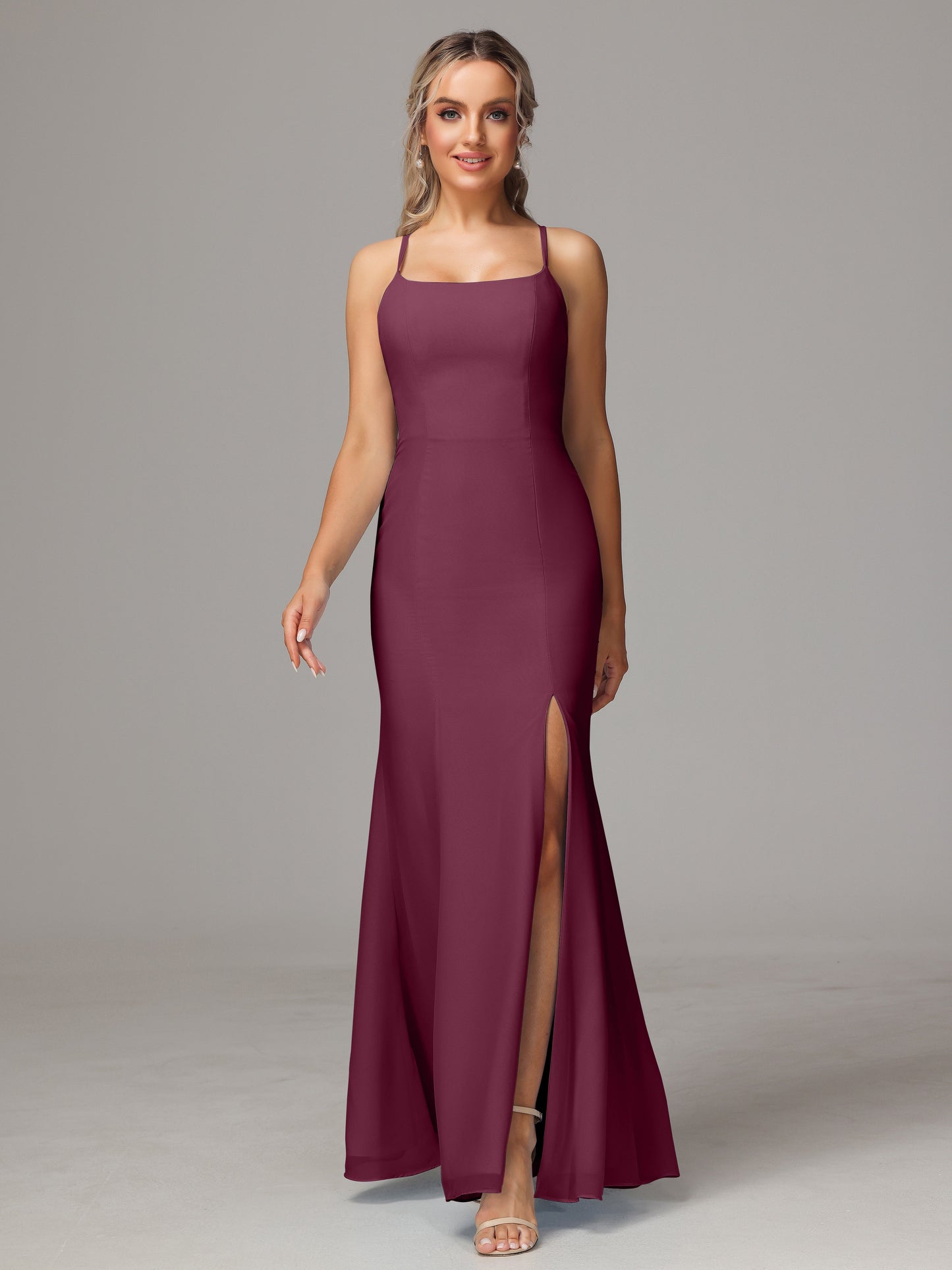 Spaghetti Straps Cross Back Chiffon Bridesmaid Dress