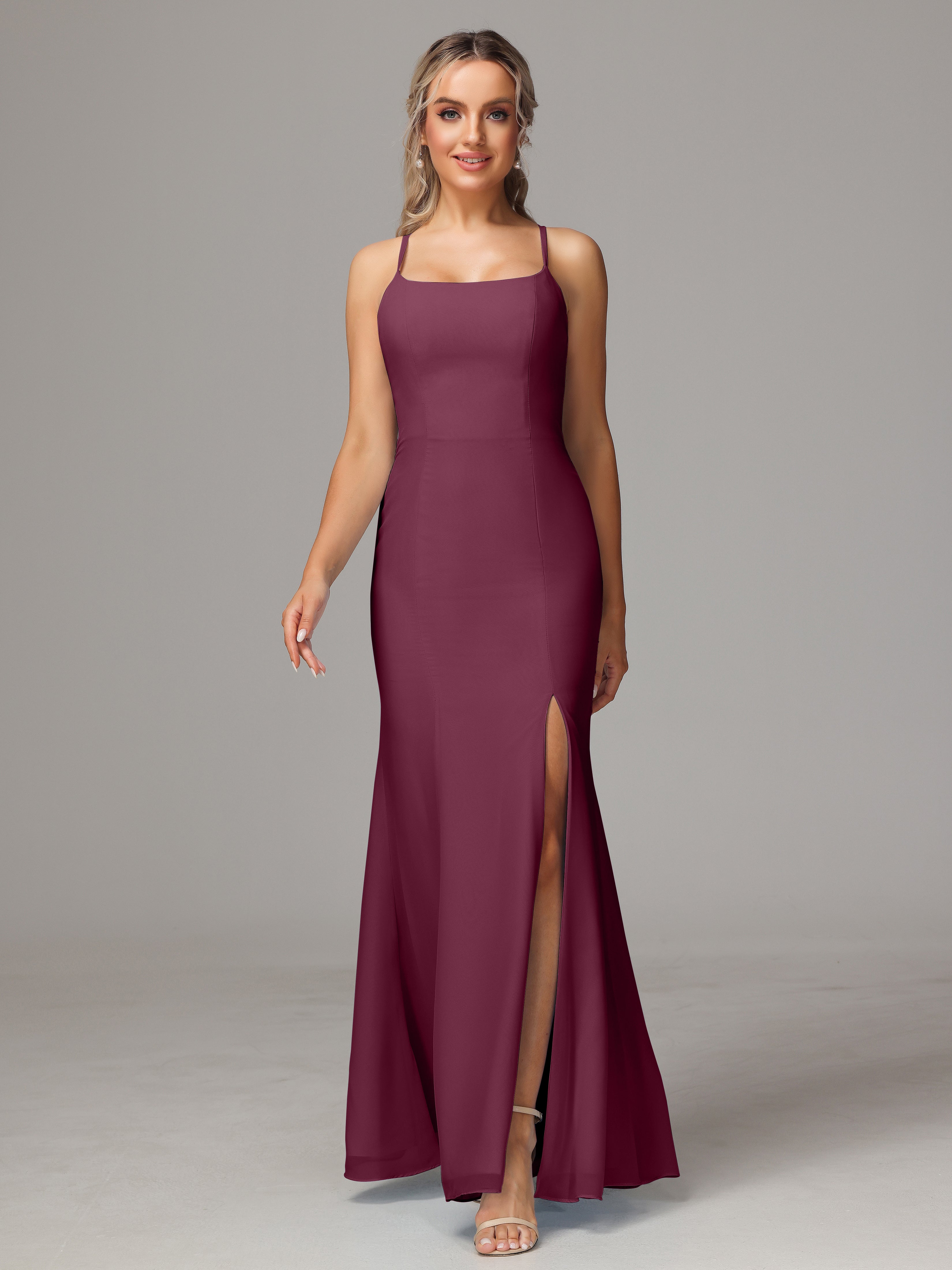 Spaghetti Straps Cross Back Chiffon Bridesmaid Dress