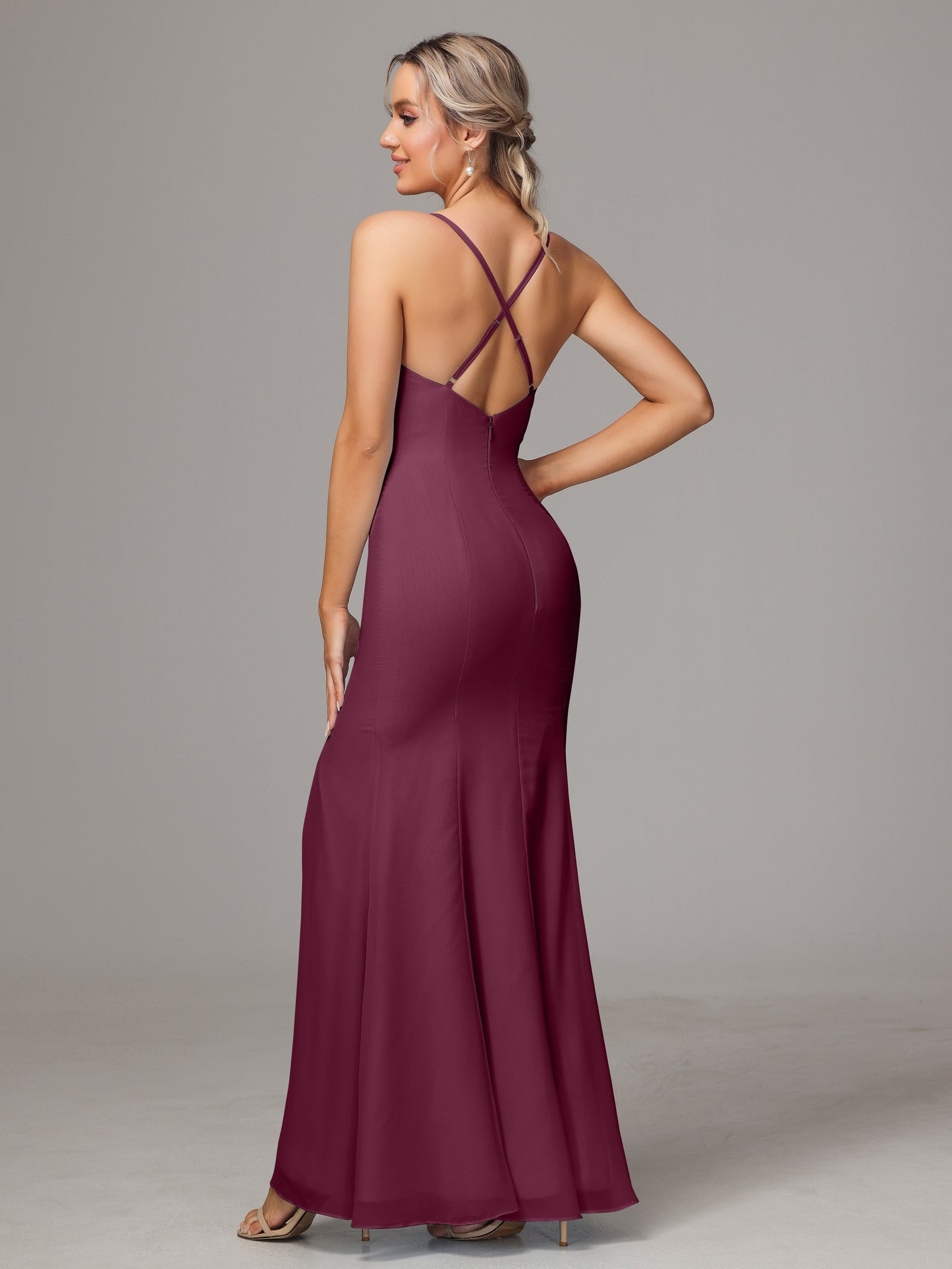 Spaghetti Straps Cross Back Chiffon Bridesmaid Dress