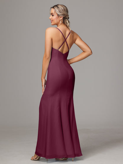 Spaghetti Straps Cross Back Chiffon Bridesmaid Dress