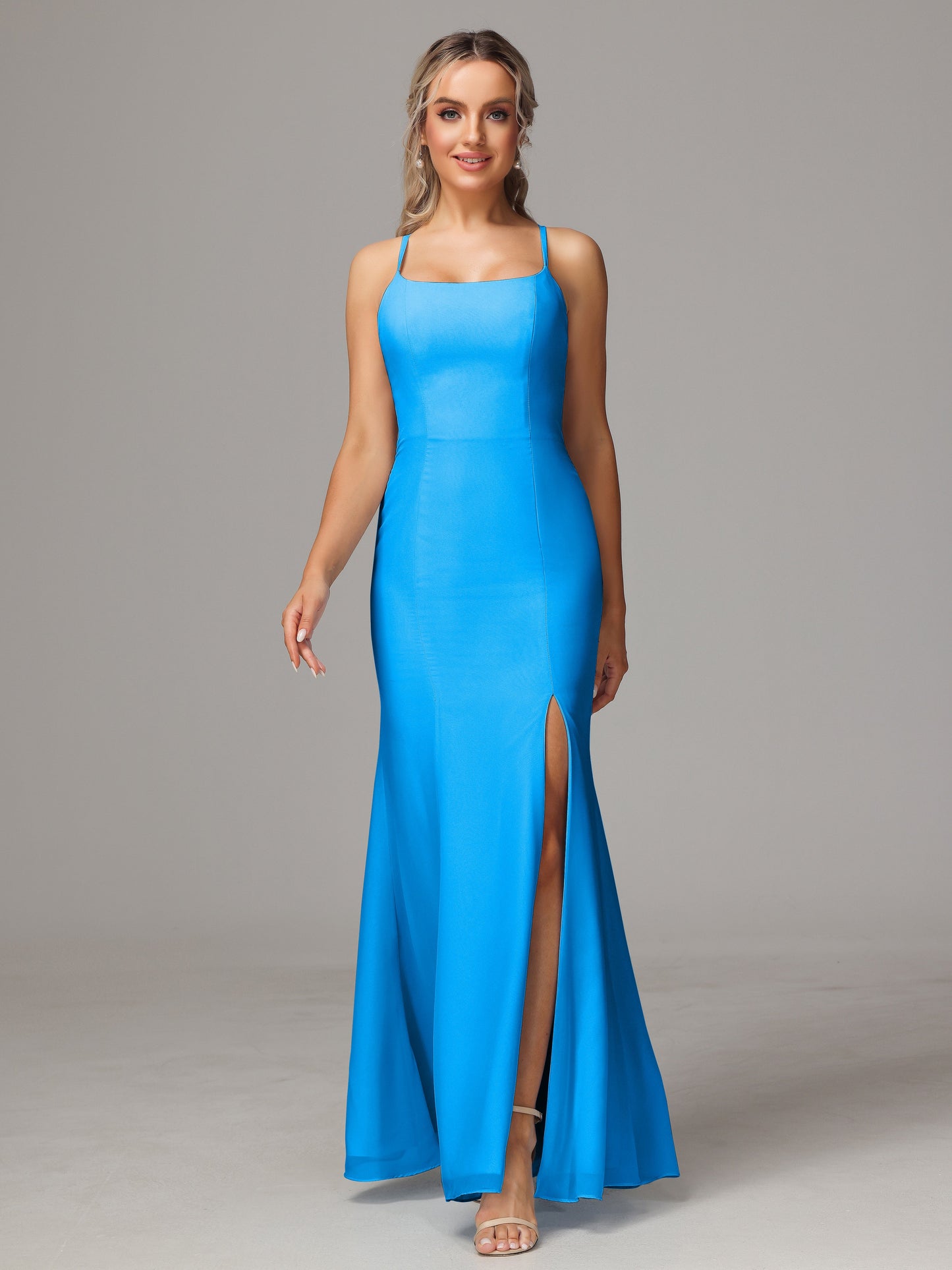 Spaghetti Straps Cross Back Chiffon Bridesmaid Dress