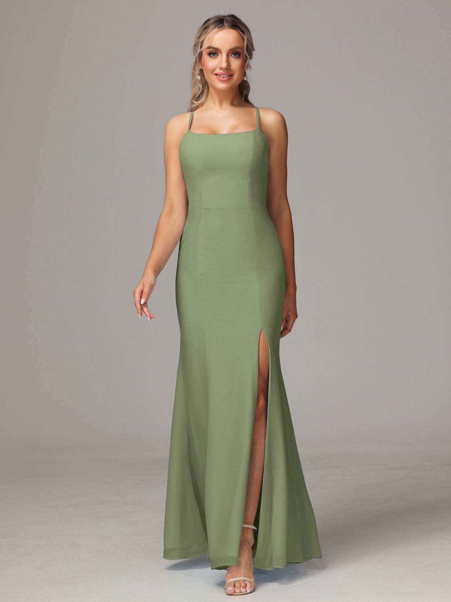 Spaghetti Straps Cross Back Chiffon Bridesmaid Dress