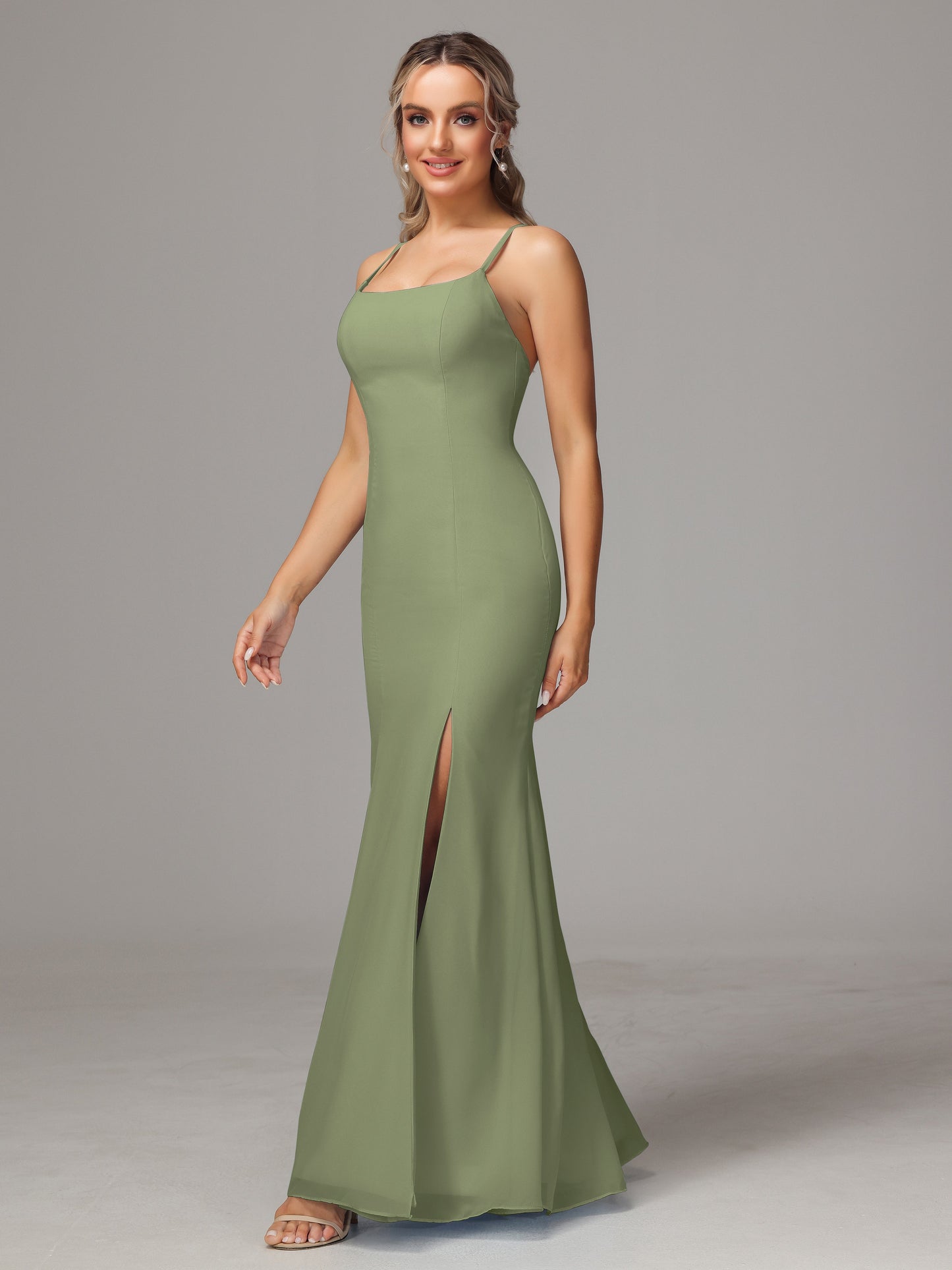 Spaghetti Straps Cross Back Chiffon Bridesmaid Dress