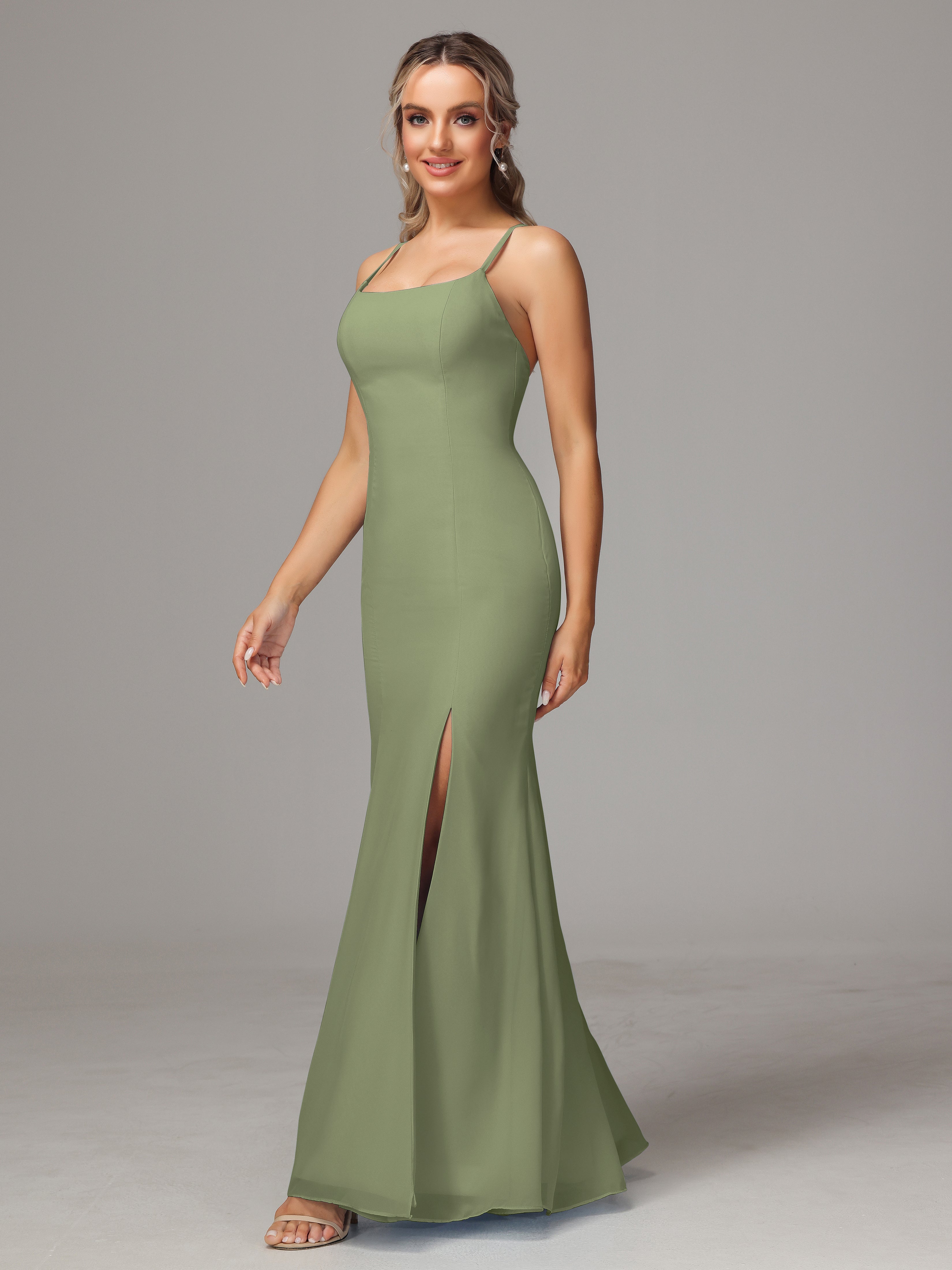 Spaghetti Straps Cross Back Chiffon Bridesmaid Dress