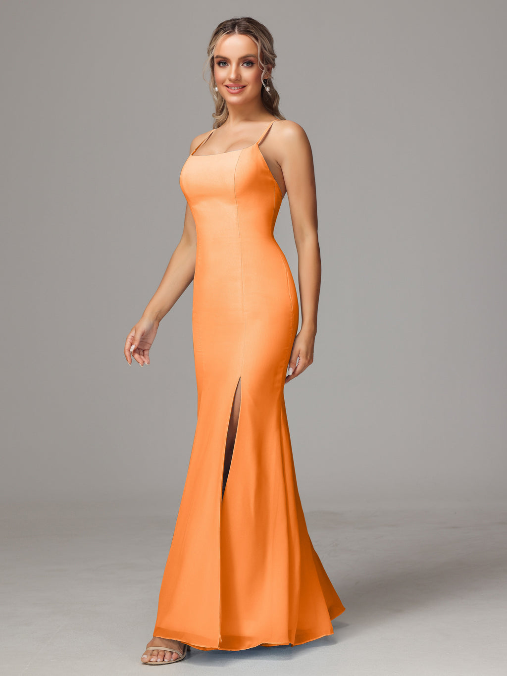 Spaghetti Straps Cross Back Chiffon Bridesmaid Dress