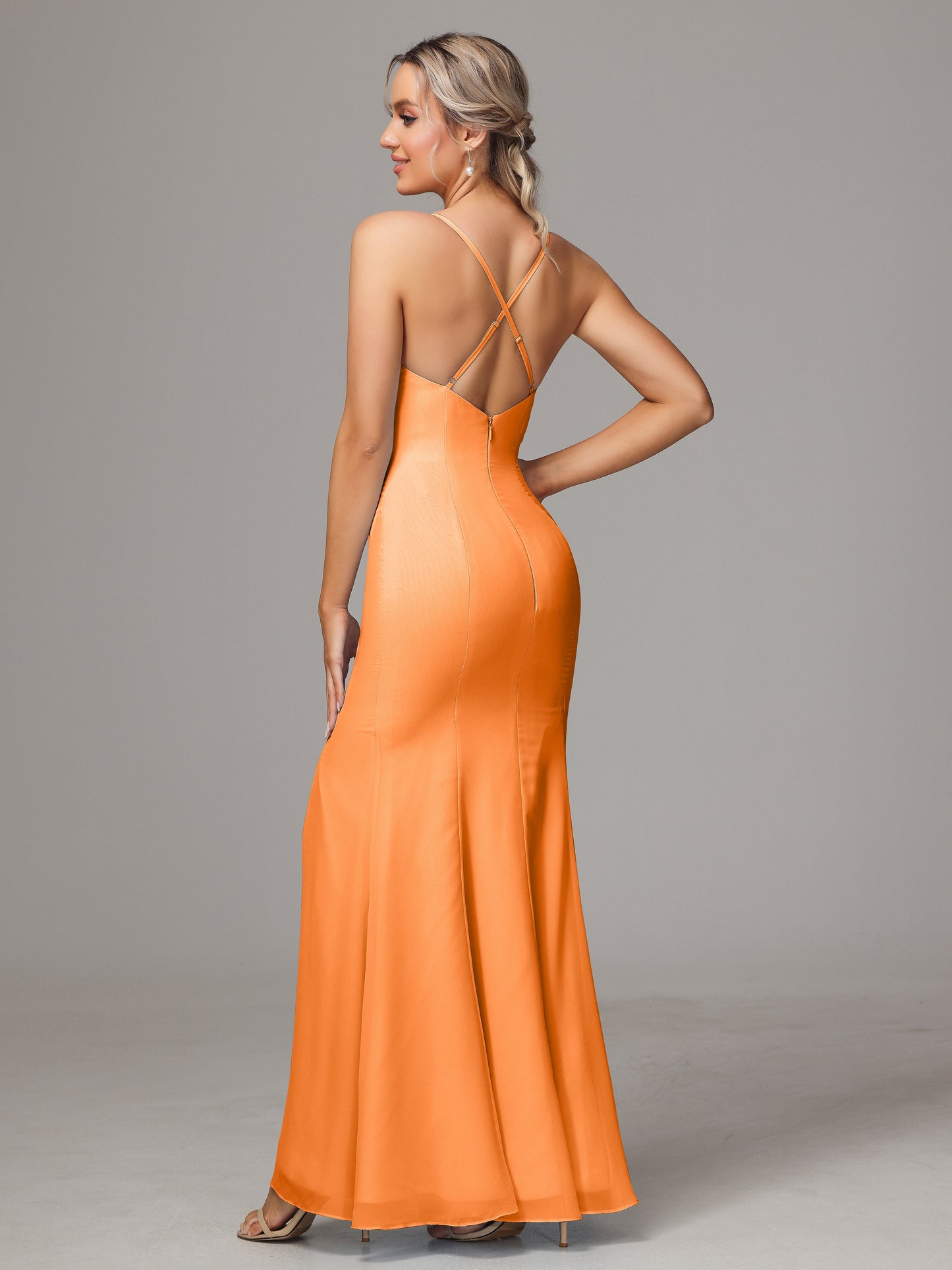 Spaghetti Straps Cross Back Chiffon Bridesmaid Dress