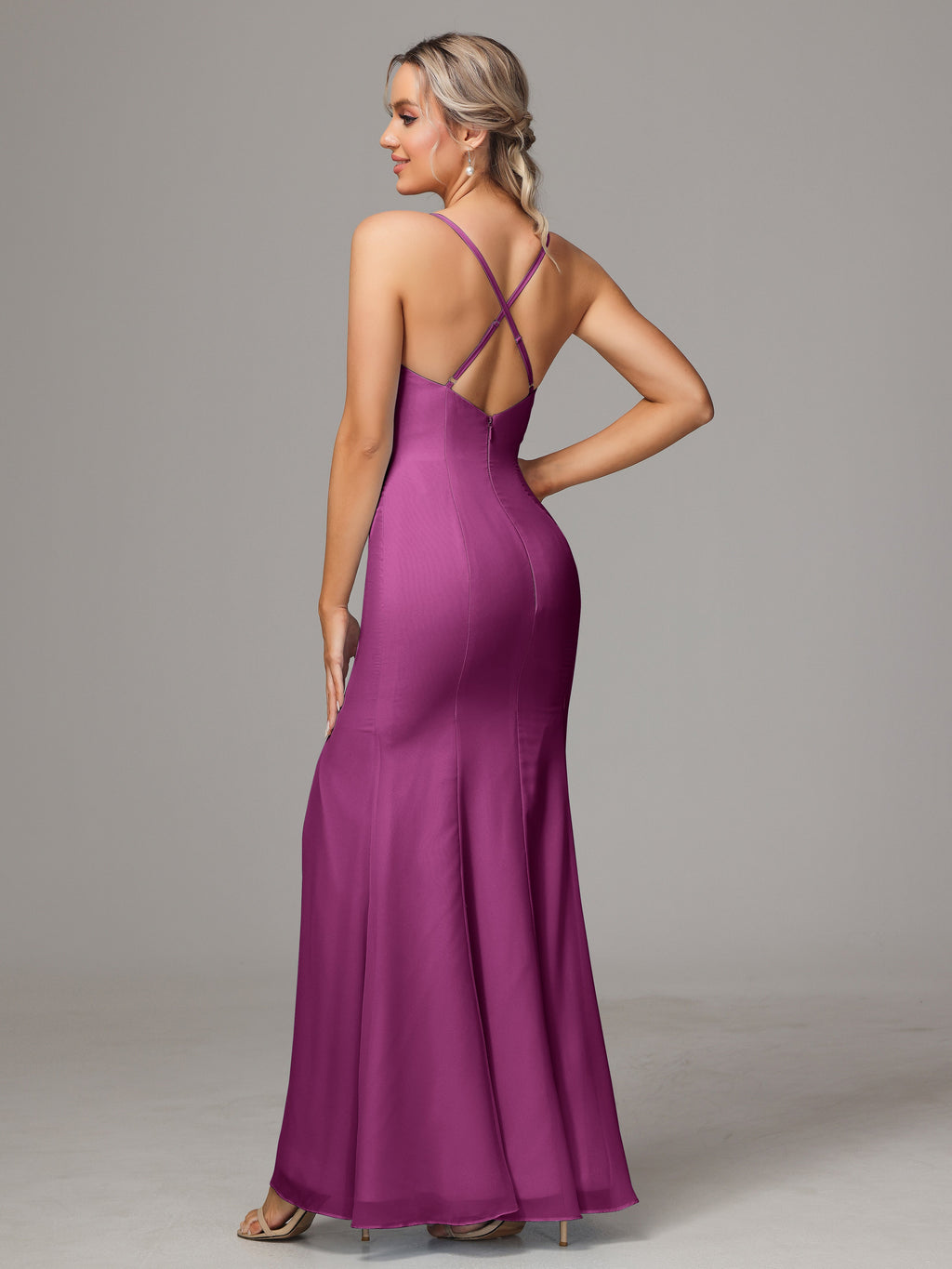 Spaghetti Straps Cross Back Chiffon Bridesmaid Dress
