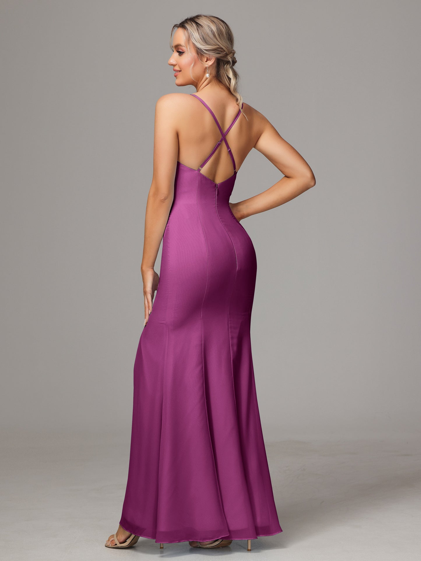 Spaghetti Straps Cross Back Chiffon Bridesmaid Dress