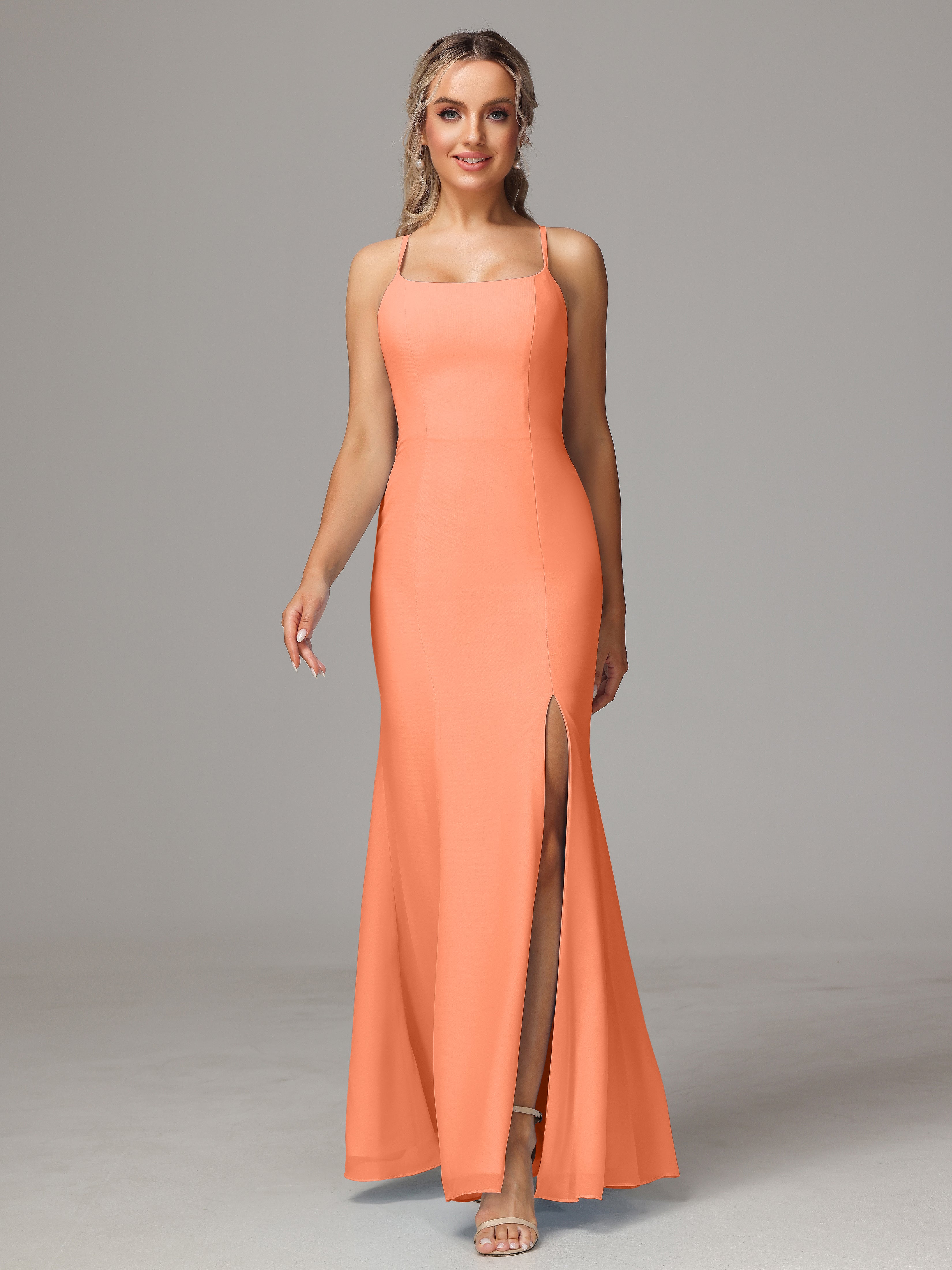 Spaghetti Straps Cross Back Chiffon Bridesmaid Dress