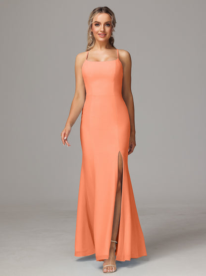 Spaghetti Straps Cross Back Chiffon Bridesmaid Dress