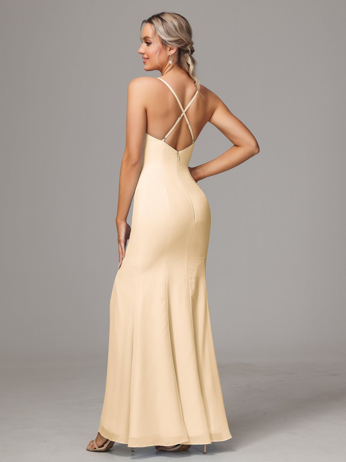 Spaghetti Straps Cross Back Chiffon Bridesmaid Dress