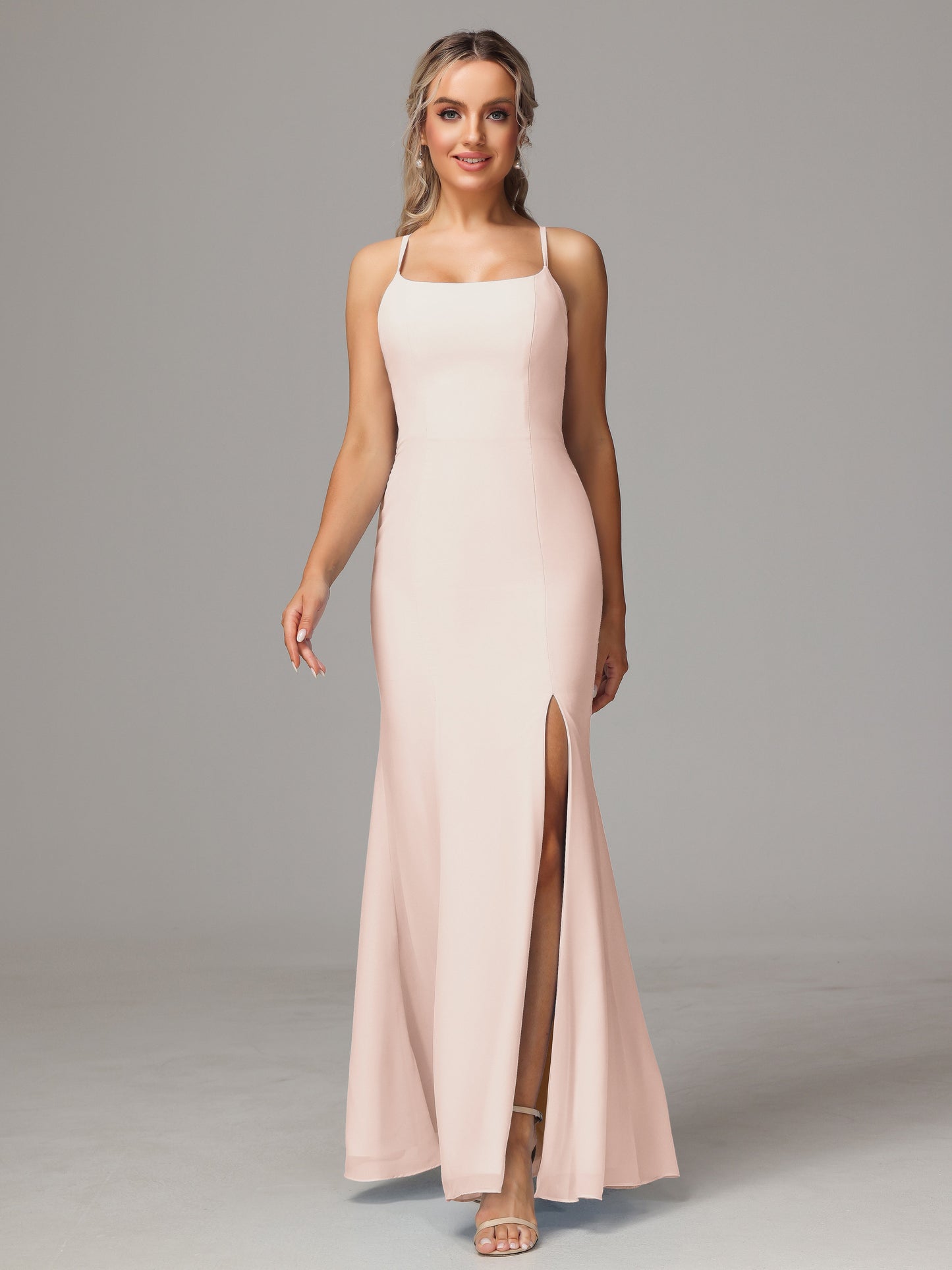 Spaghetti Straps Cross Back Chiffon Bridesmaid Dress