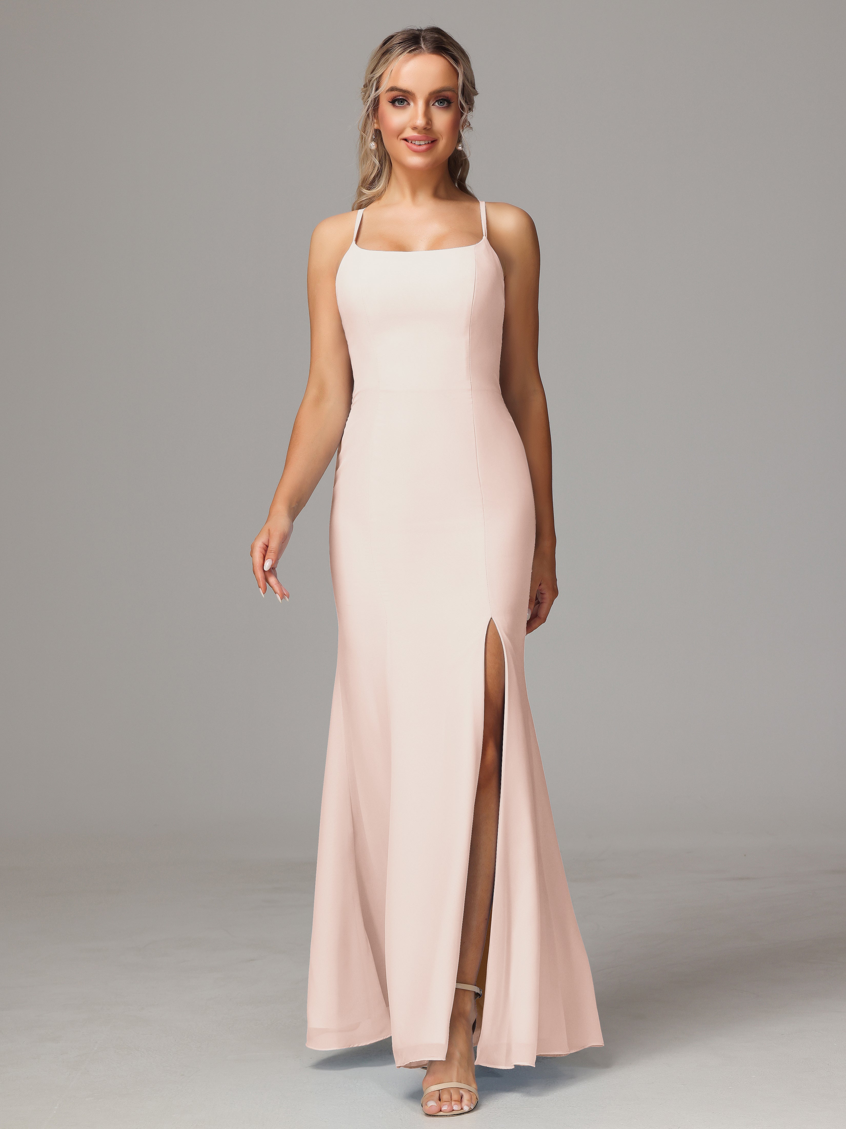 Spaghetti Straps Cross Back Chiffon Bridesmaid Dress
