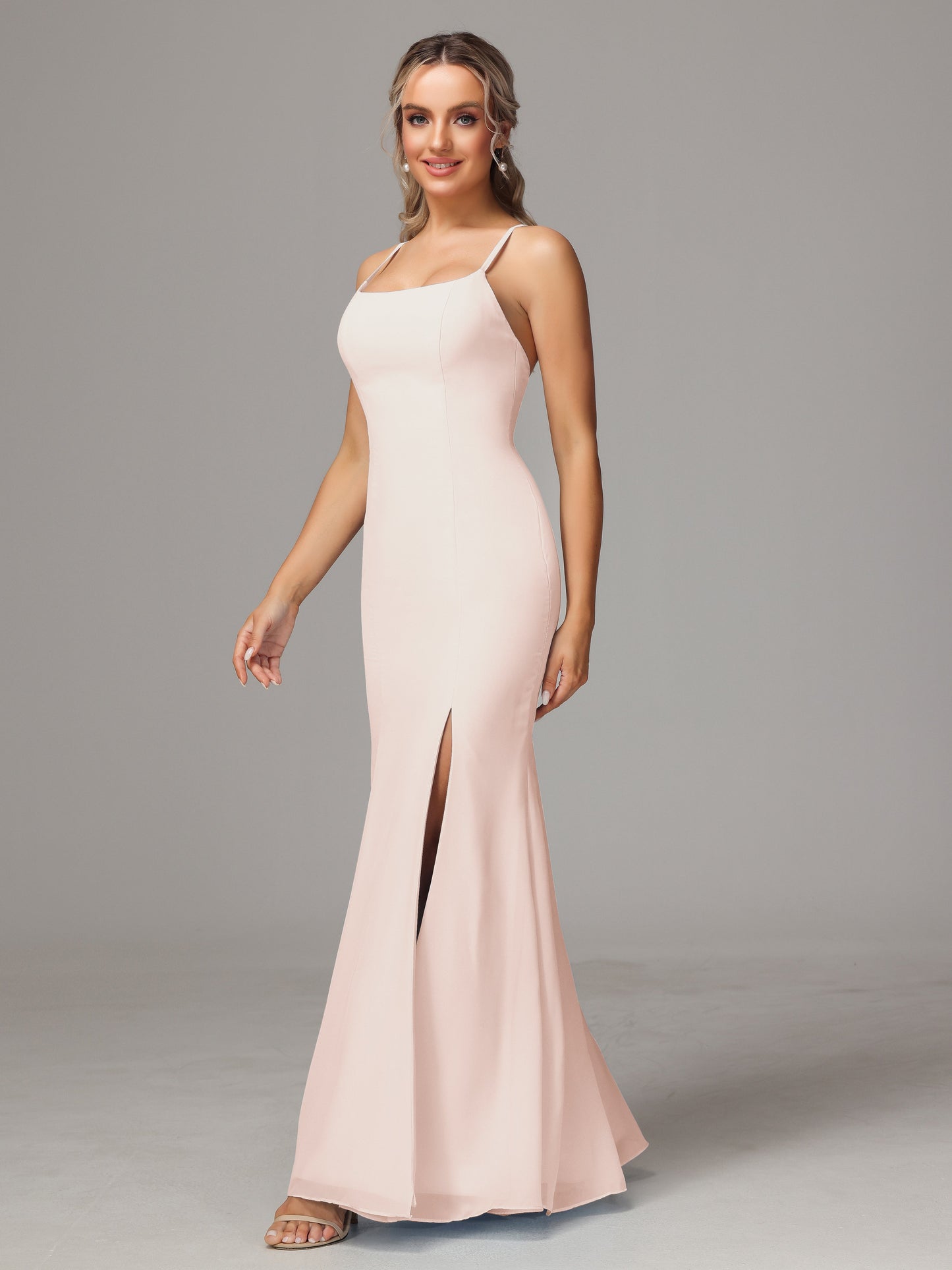 Spaghetti Straps Cross Back Chiffon Bridesmaid Dress