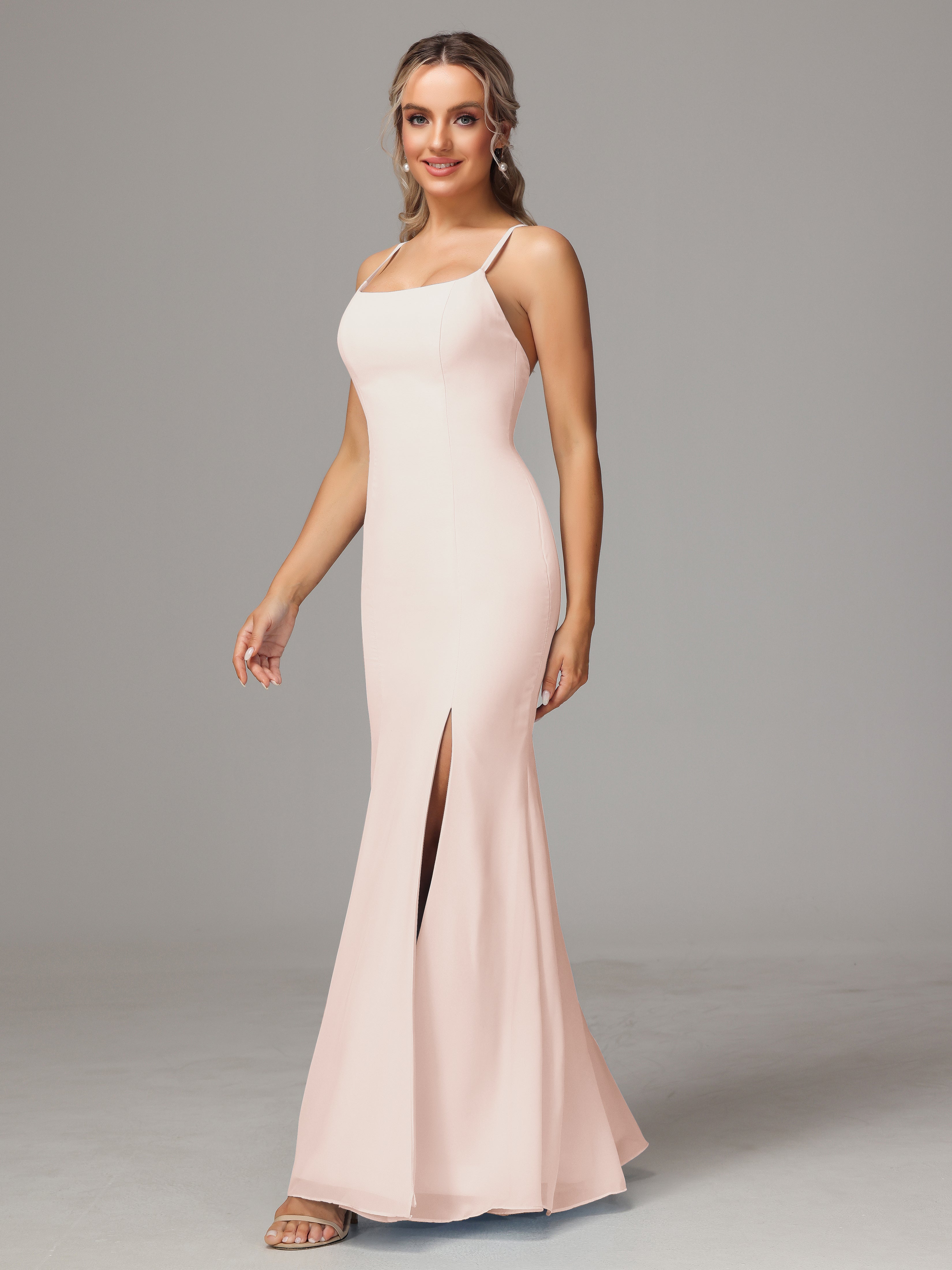 Spaghetti Straps Cross Back Chiffon Bridesmaid Dress