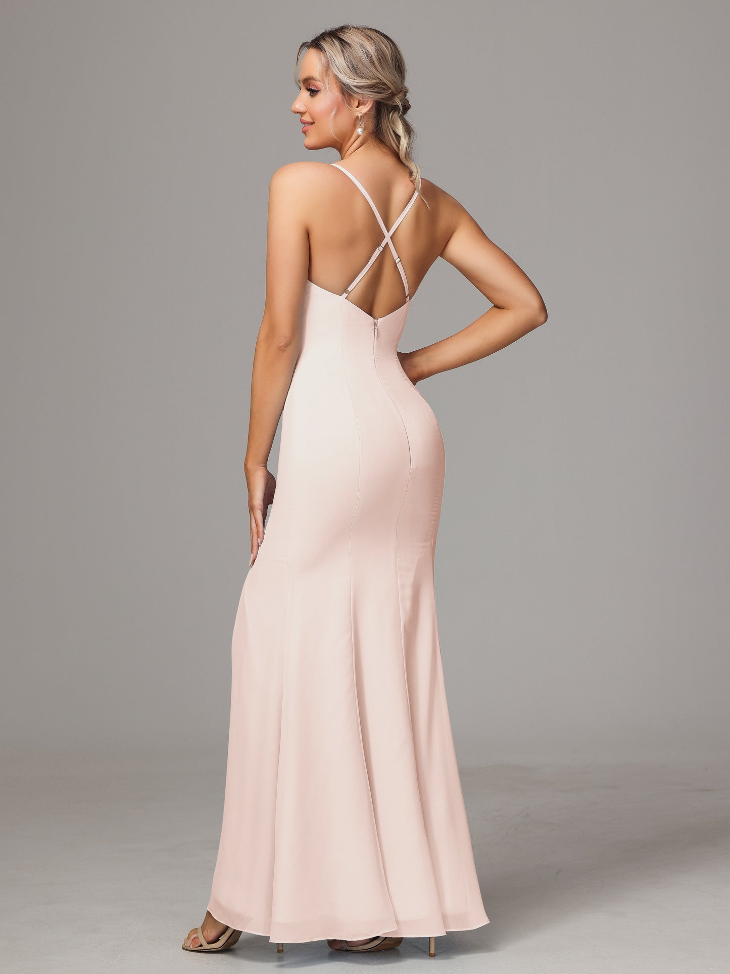 Spaghetti Straps Cross Back Chiffon Bridesmaid Dress