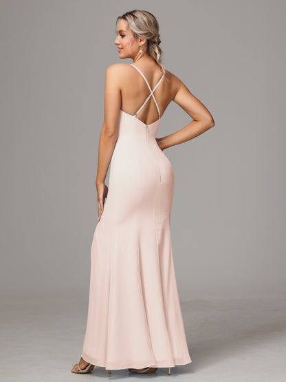 Spaghetti Straps Cross Back Chiffon Bridesmaid Dress