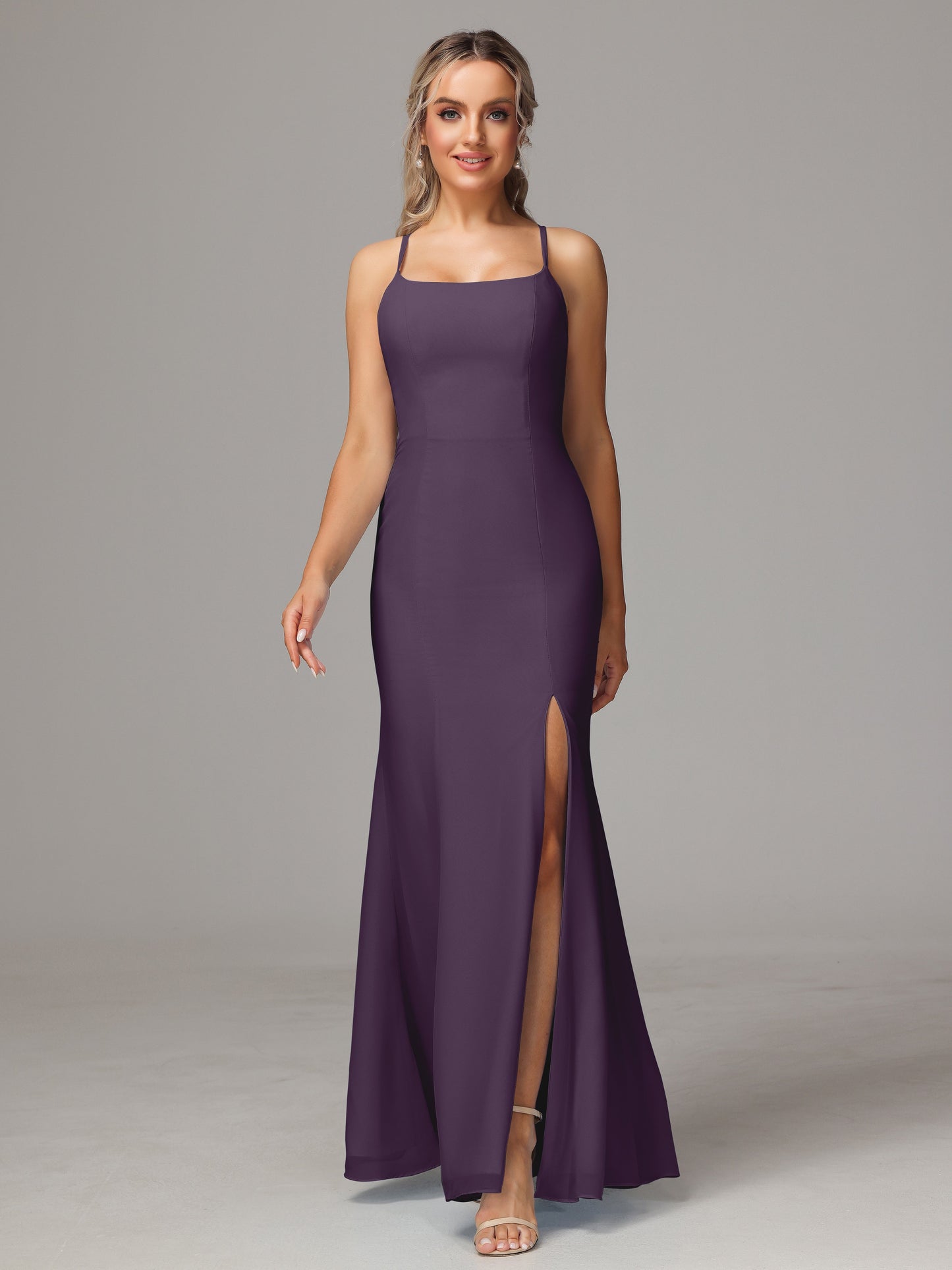 Spaghetti Straps Cross Back Chiffon Bridesmaid Dress