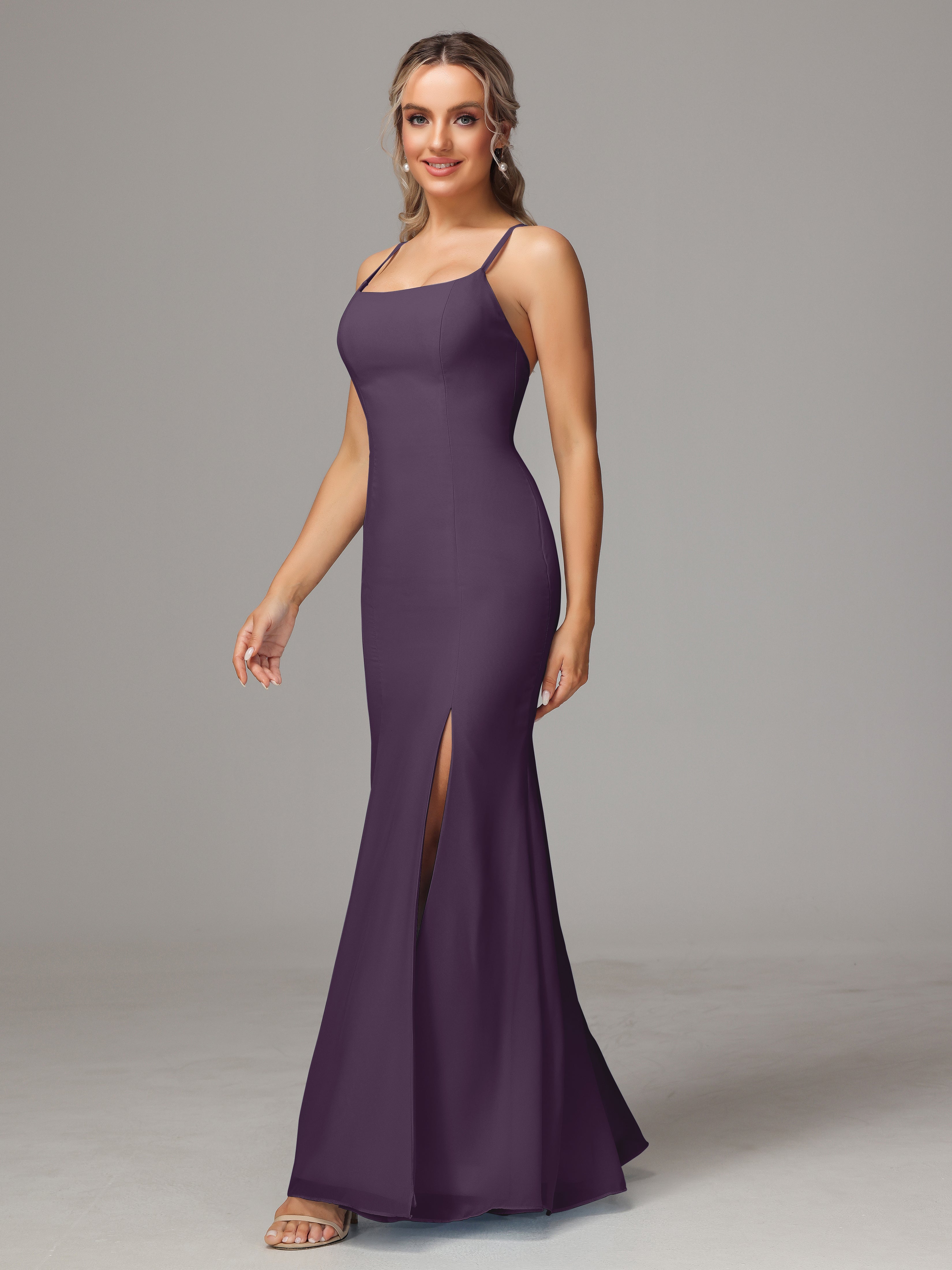 Spaghetti Straps Cross Back Chiffon Bridesmaid Dress