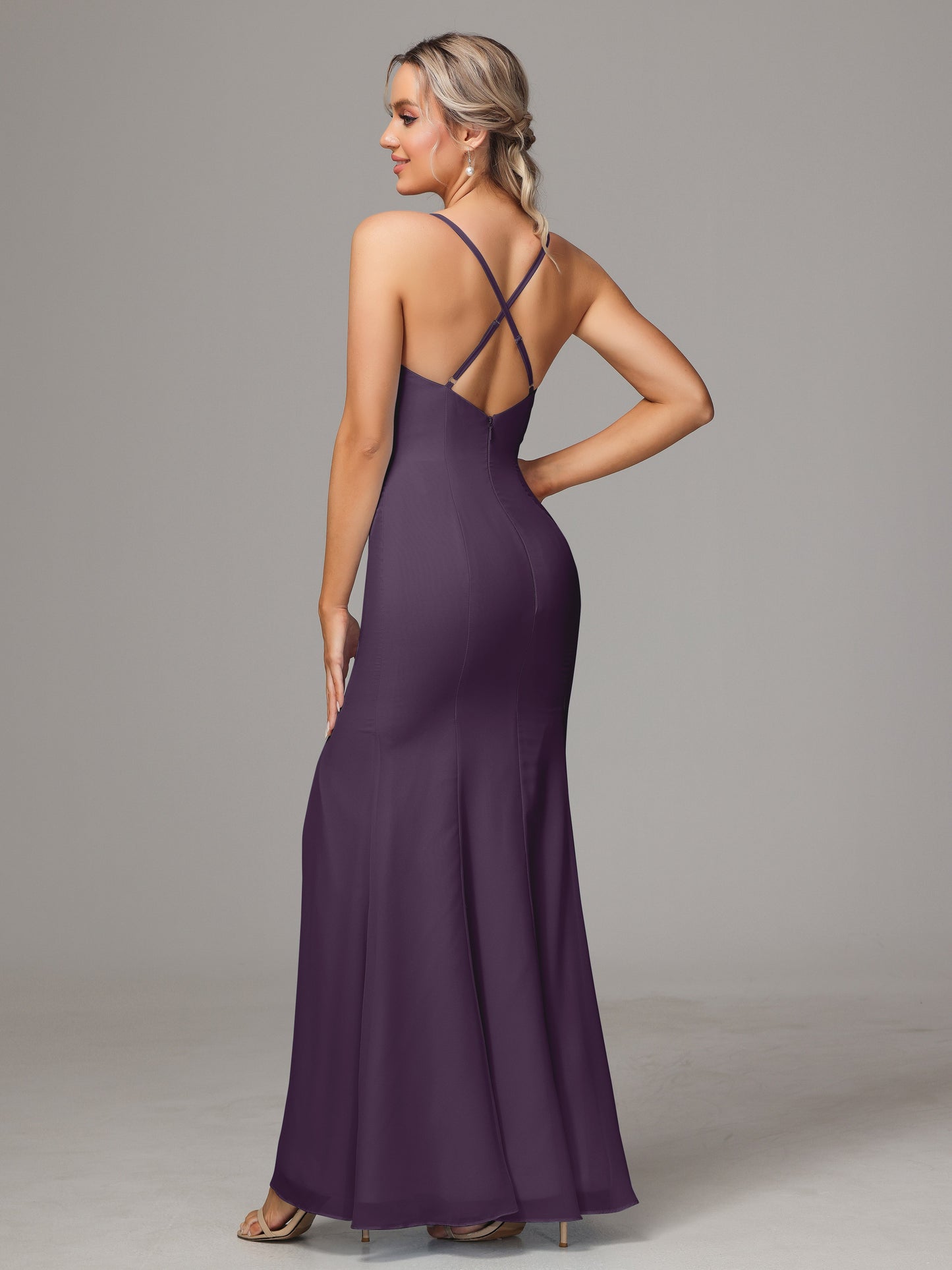 Spaghetti Straps Cross Back Chiffon Bridesmaid Dress