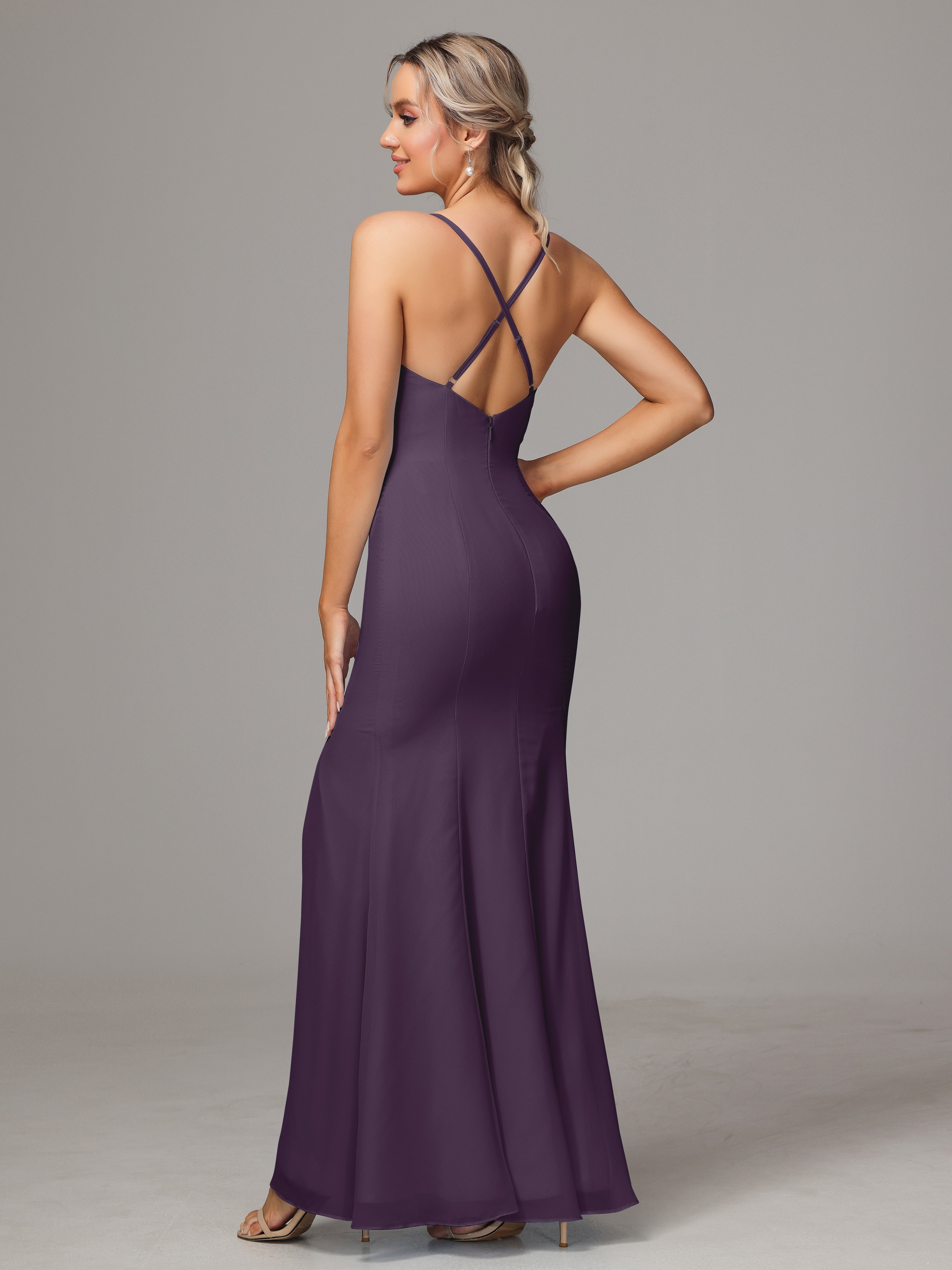 Spaghetti Straps Cross Back Chiffon Bridesmaid Dress
