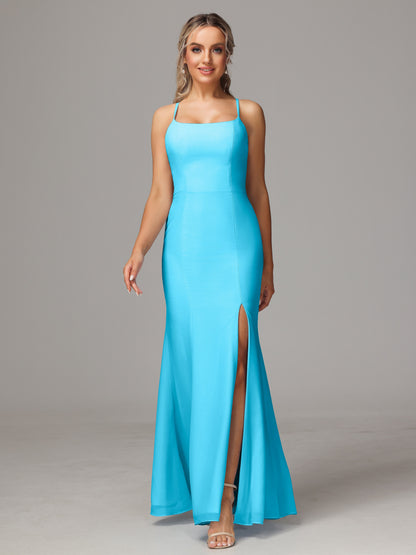 Spaghetti Straps Cross Back Chiffon Bridesmaid Dress