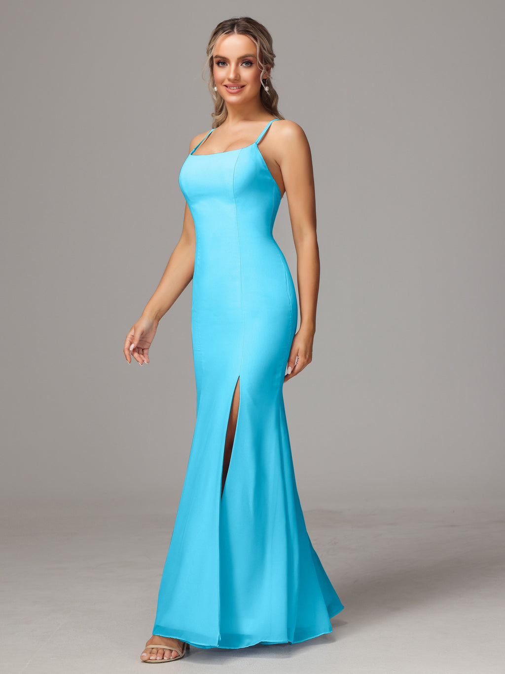 Spaghetti Straps Cross Back Chiffon Bridesmaid Dress
