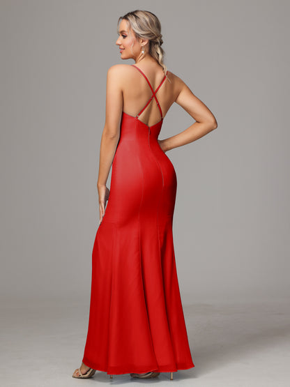 Spaghetti Straps Cross Back Chiffon Bridesmaid Dress