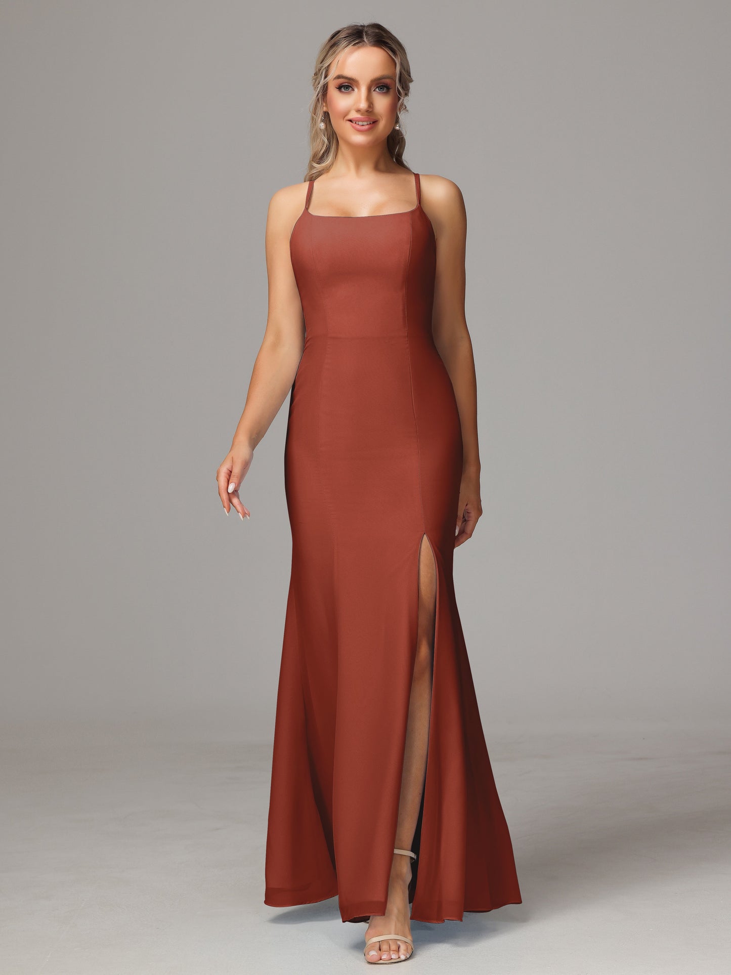 Spaghetti Straps Cross Back Chiffon Bridesmaid Dress