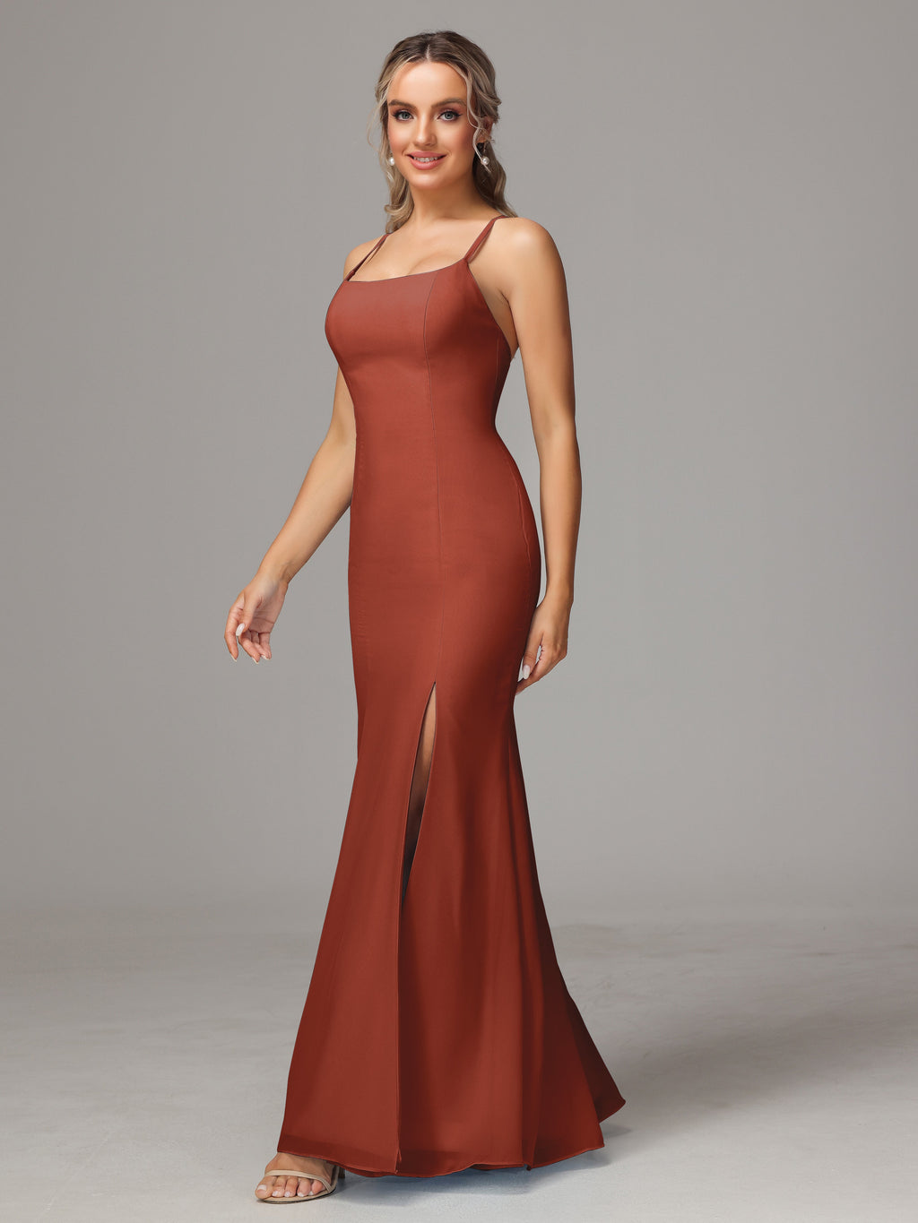 Spaghetti Straps Cross Back Chiffon Bridesmaid Dress