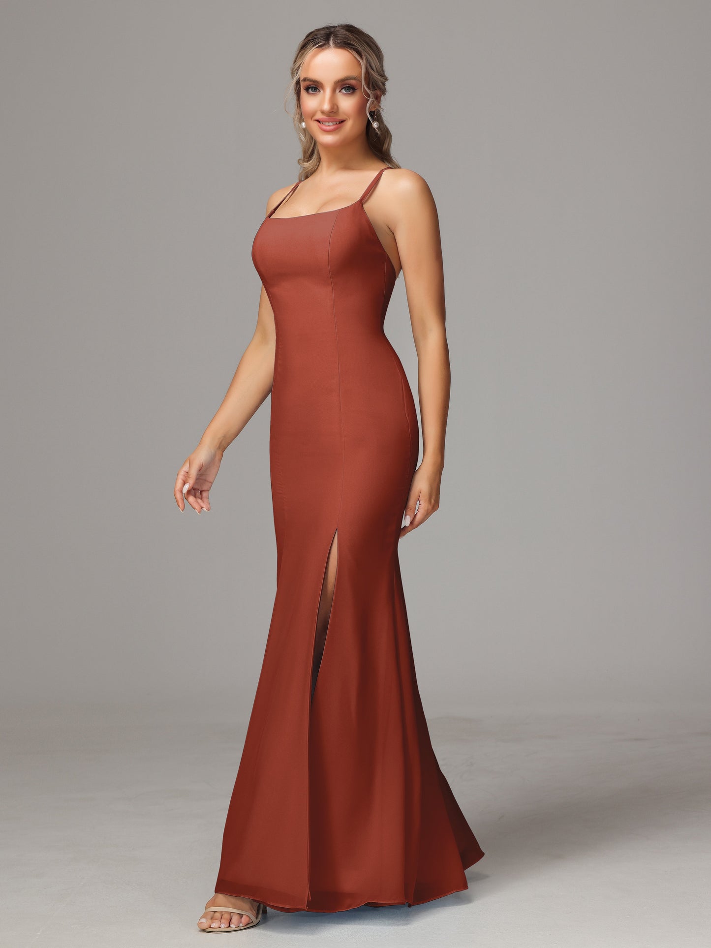 Spaghetti Straps Cross Back Chiffon Bridesmaid Dress