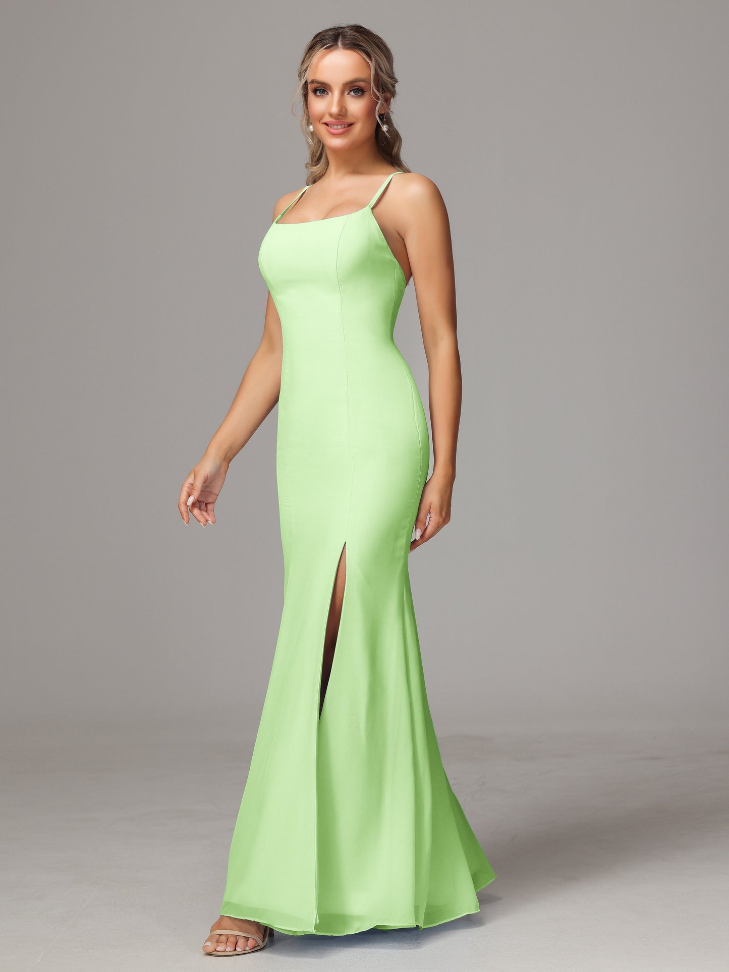 Spaghetti Straps Cross Back Chiffon Bridesmaid Dress