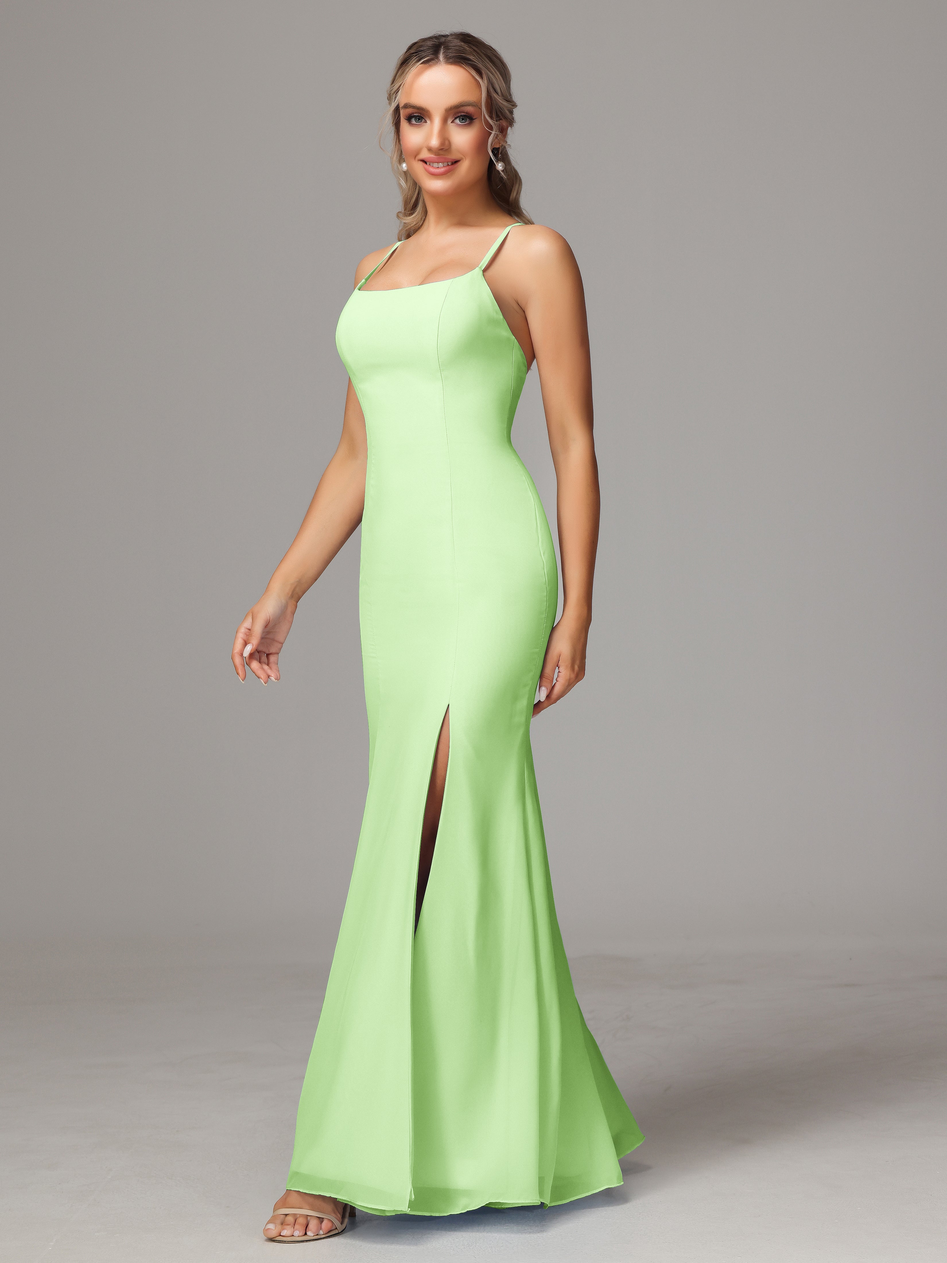 Spaghetti Straps Cross Back Chiffon Bridesmaid Dress