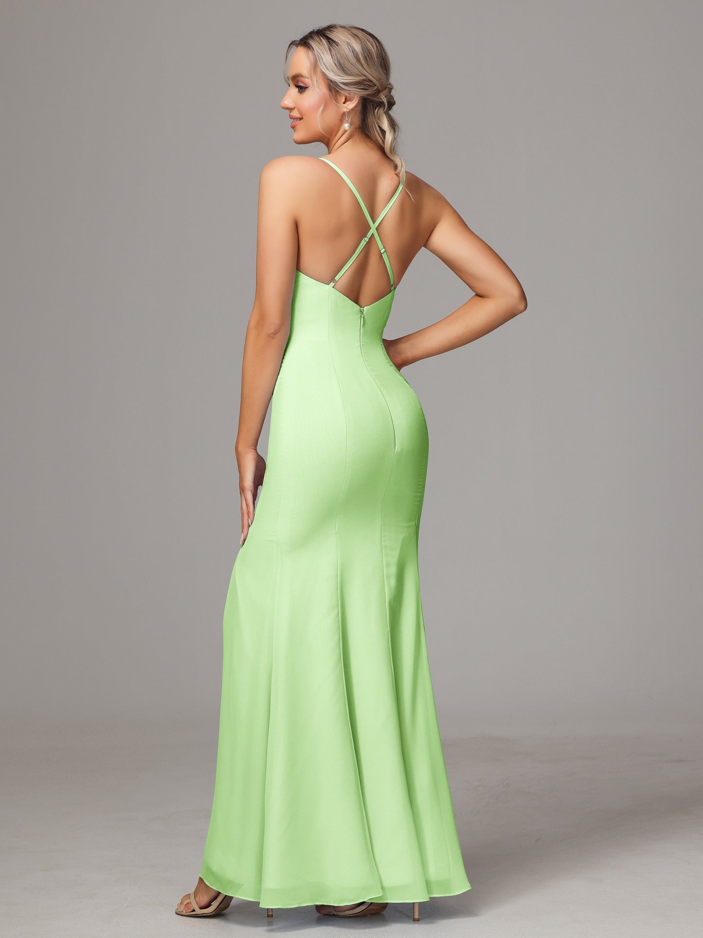 Spaghetti Straps Cross Back Chiffon Bridesmaid Dress