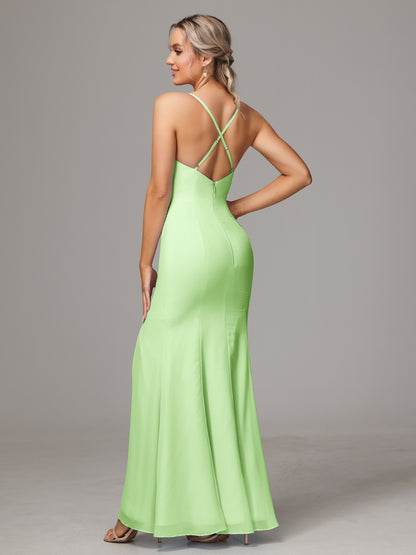 Spaghetti Straps Cross Back Chiffon Bridesmaid Dress