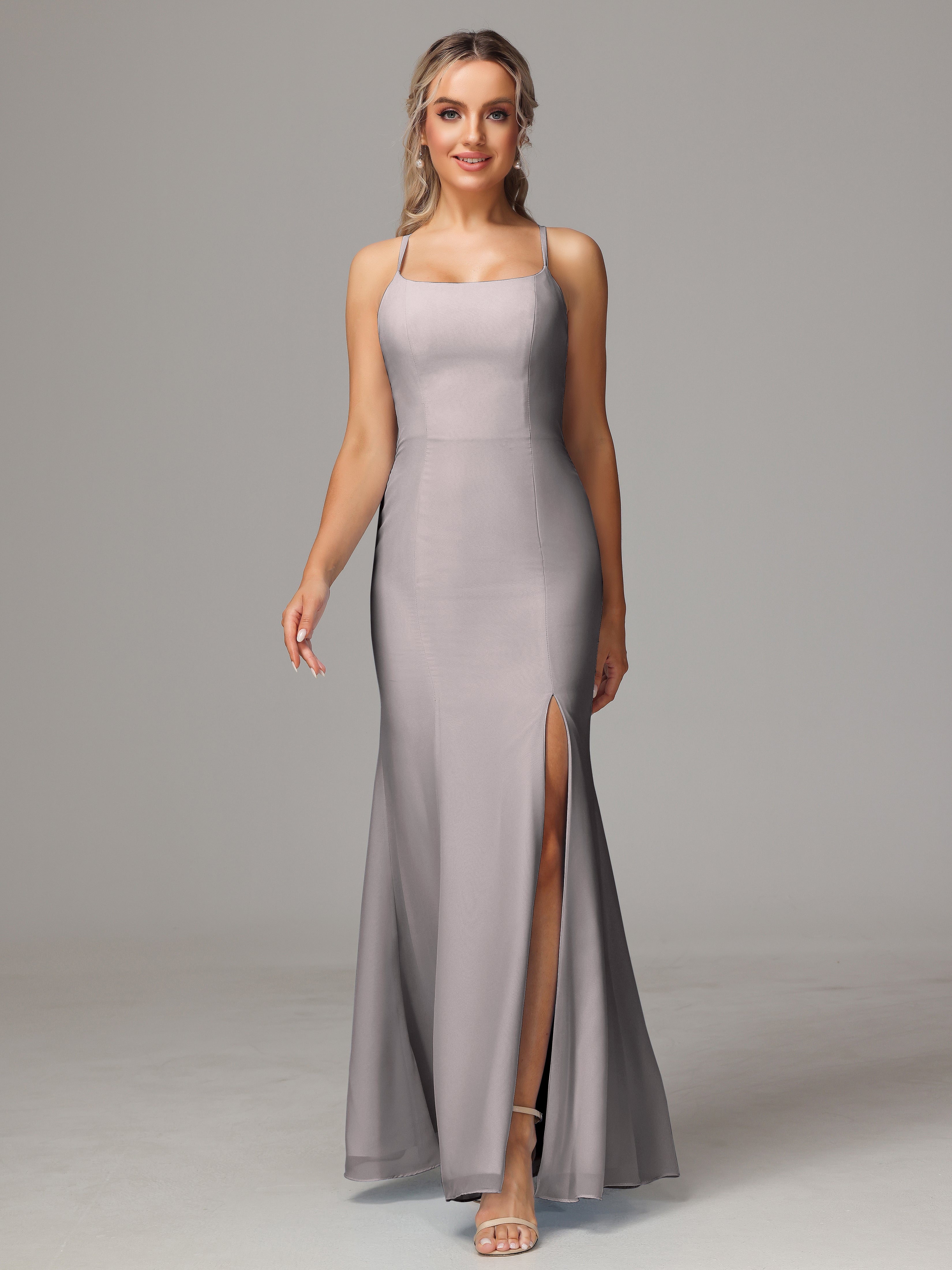 Spaghetti Straps Cross Back Chiffon Bridesmaid Dress