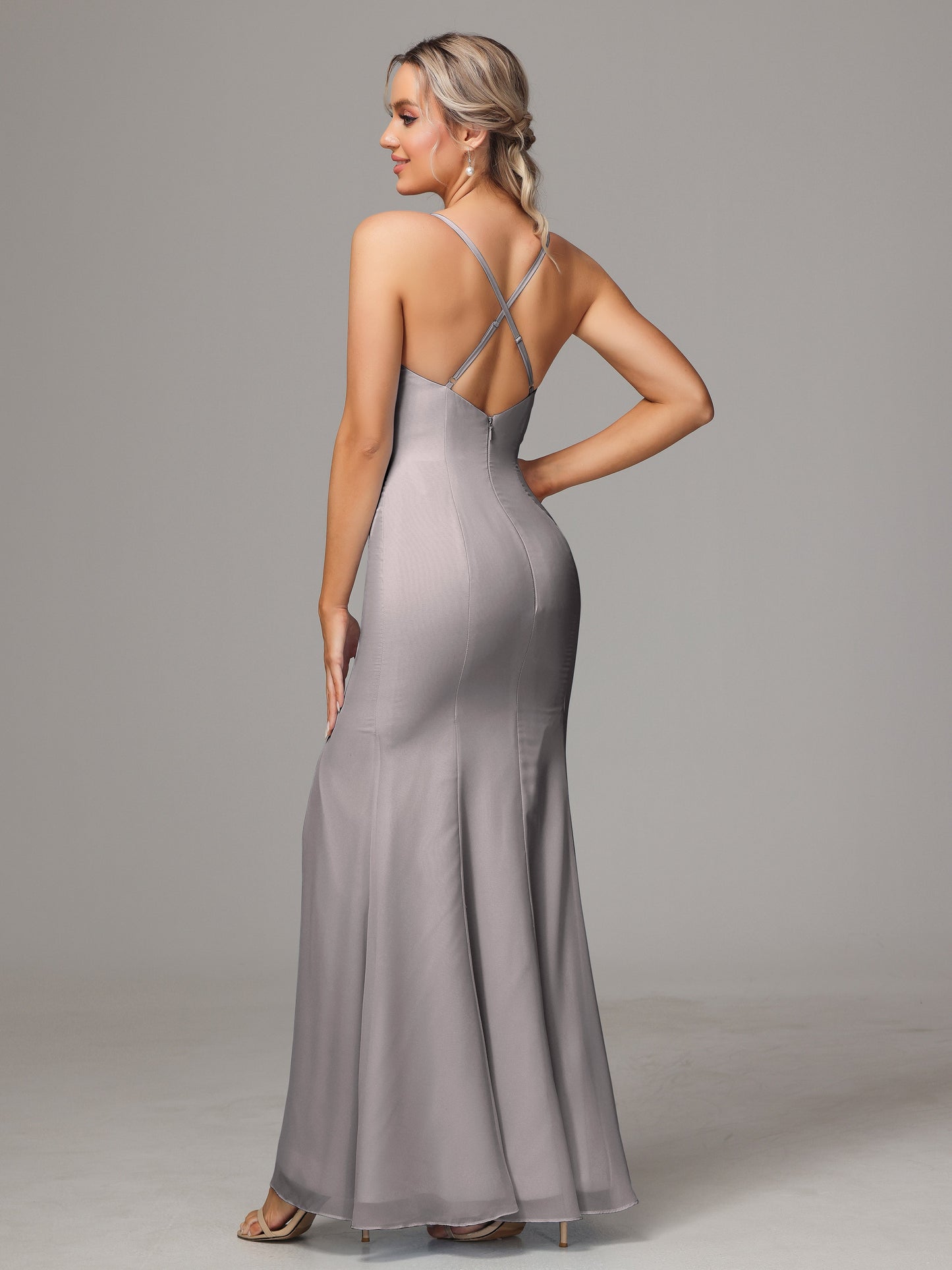 Spaghetti Straps Cross Back Chiffon Bridesmaid Dress