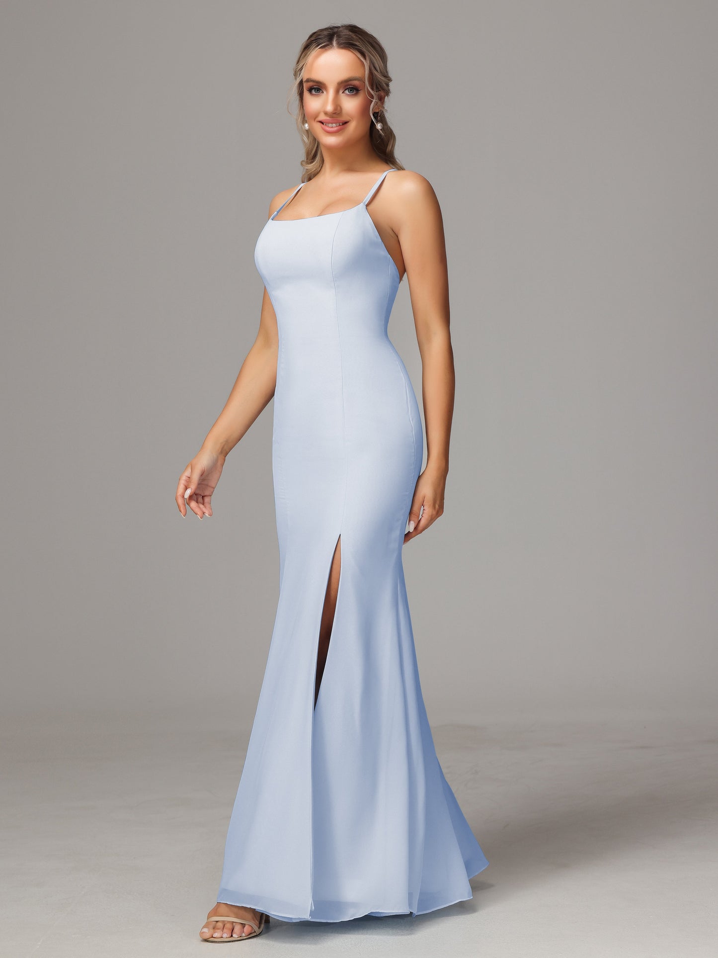 Spaghetti Straps Cross Back Chiffon Bridesmaid Dress