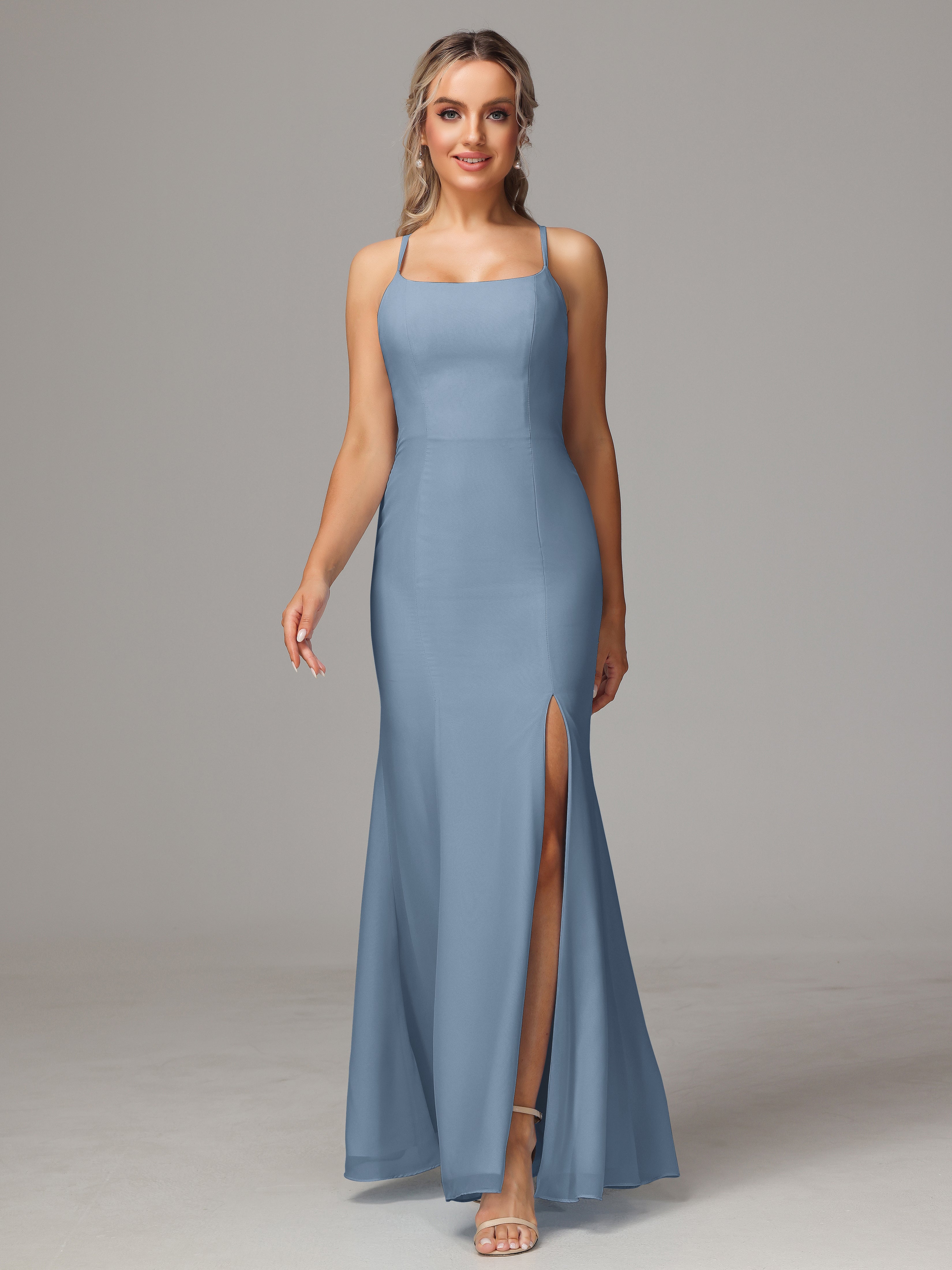 Spaghetti Straps Cross Back Chiffon Bridesmaid Dress