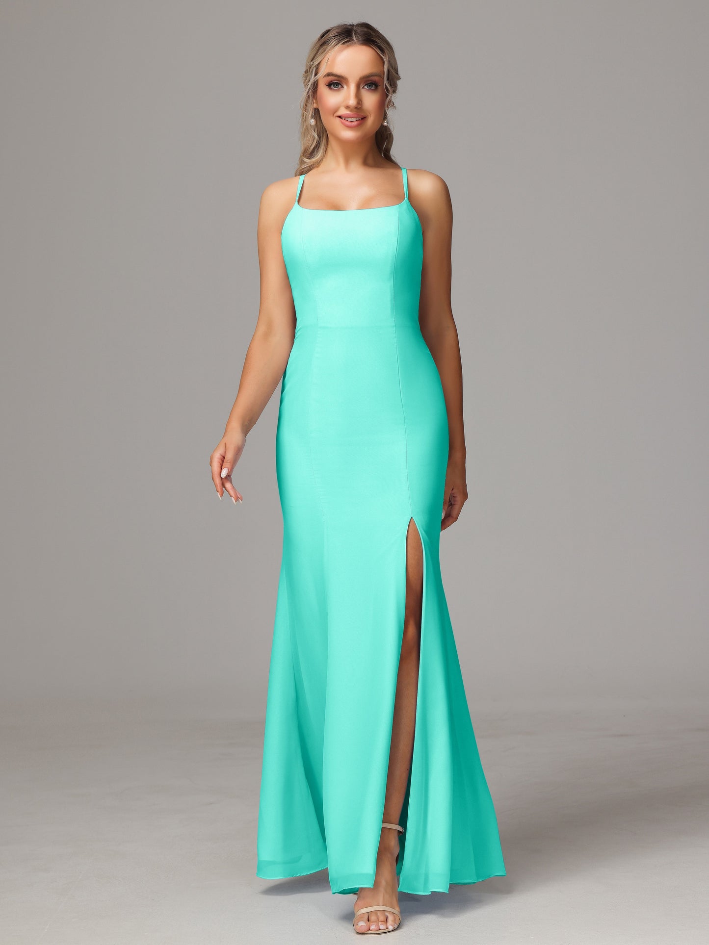 Spaghetti Straps Cross Back Chiffon Bridesmaid Dress