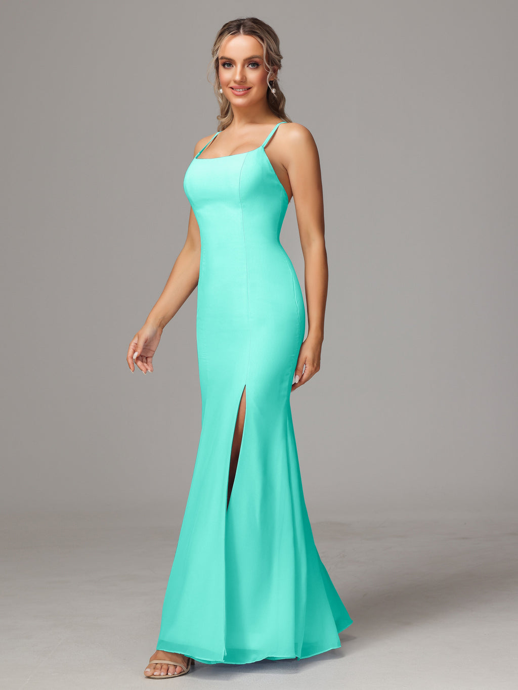 Spaghetti Straps Cross Back Chiffon Bridesmaid Dress