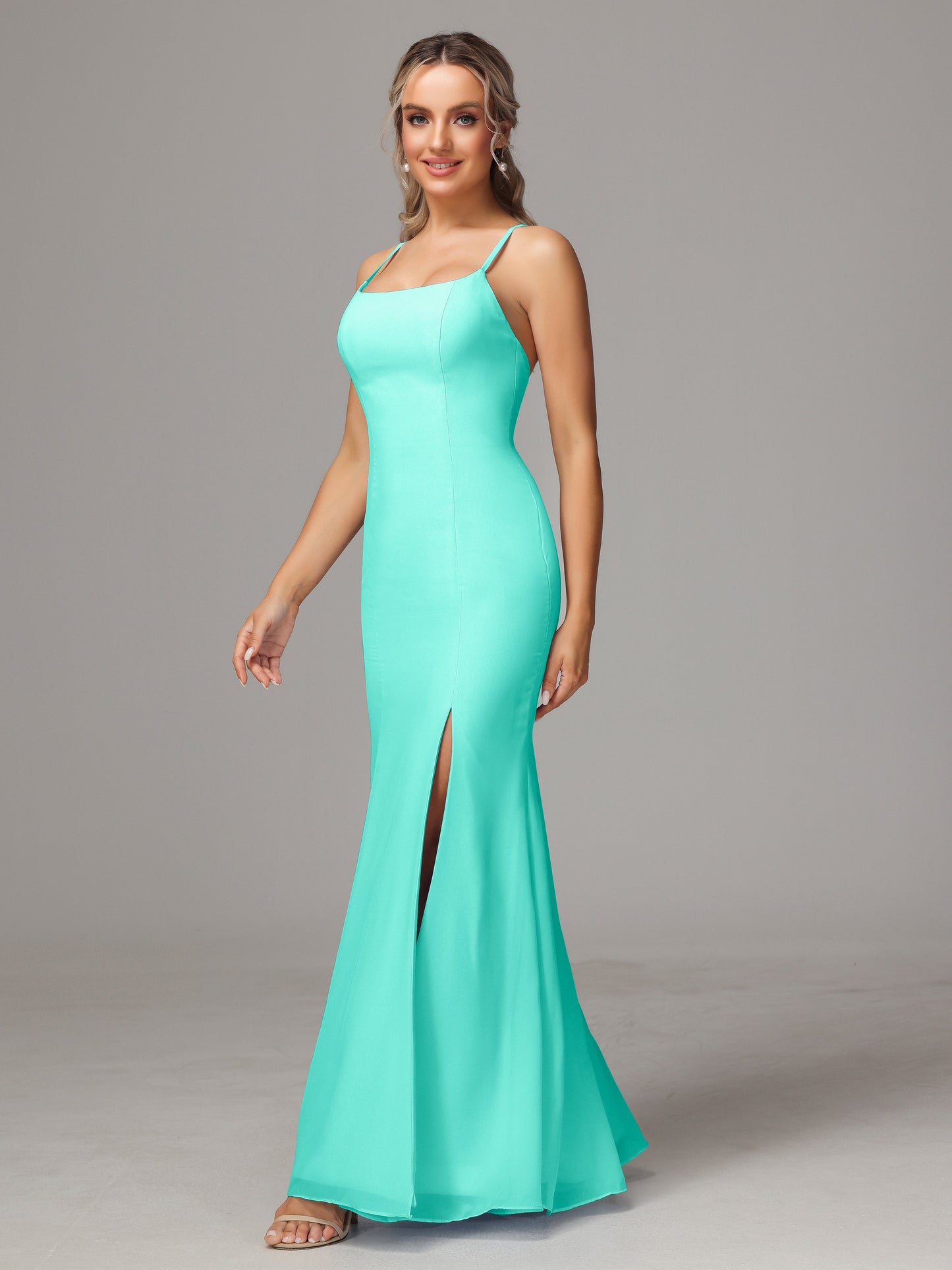 Spaghetti Straps Cross Back Chiffon Bridesmaid Dress