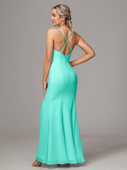Spaghetti Straps Cross Back Chiffon Bridesmaid Dress