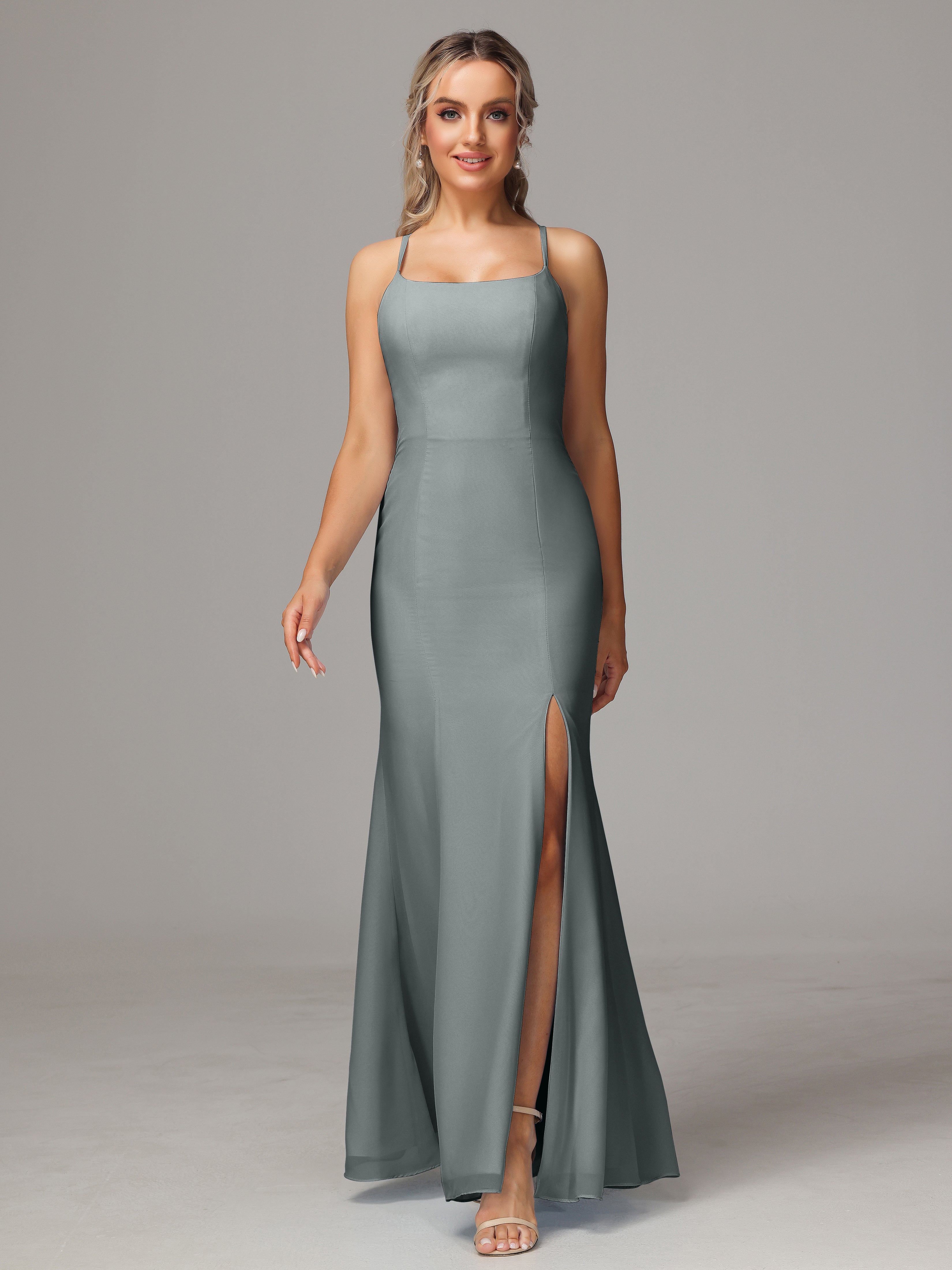 Spaghetti Straps Cross Back Chiffon Bridesmaid Dress