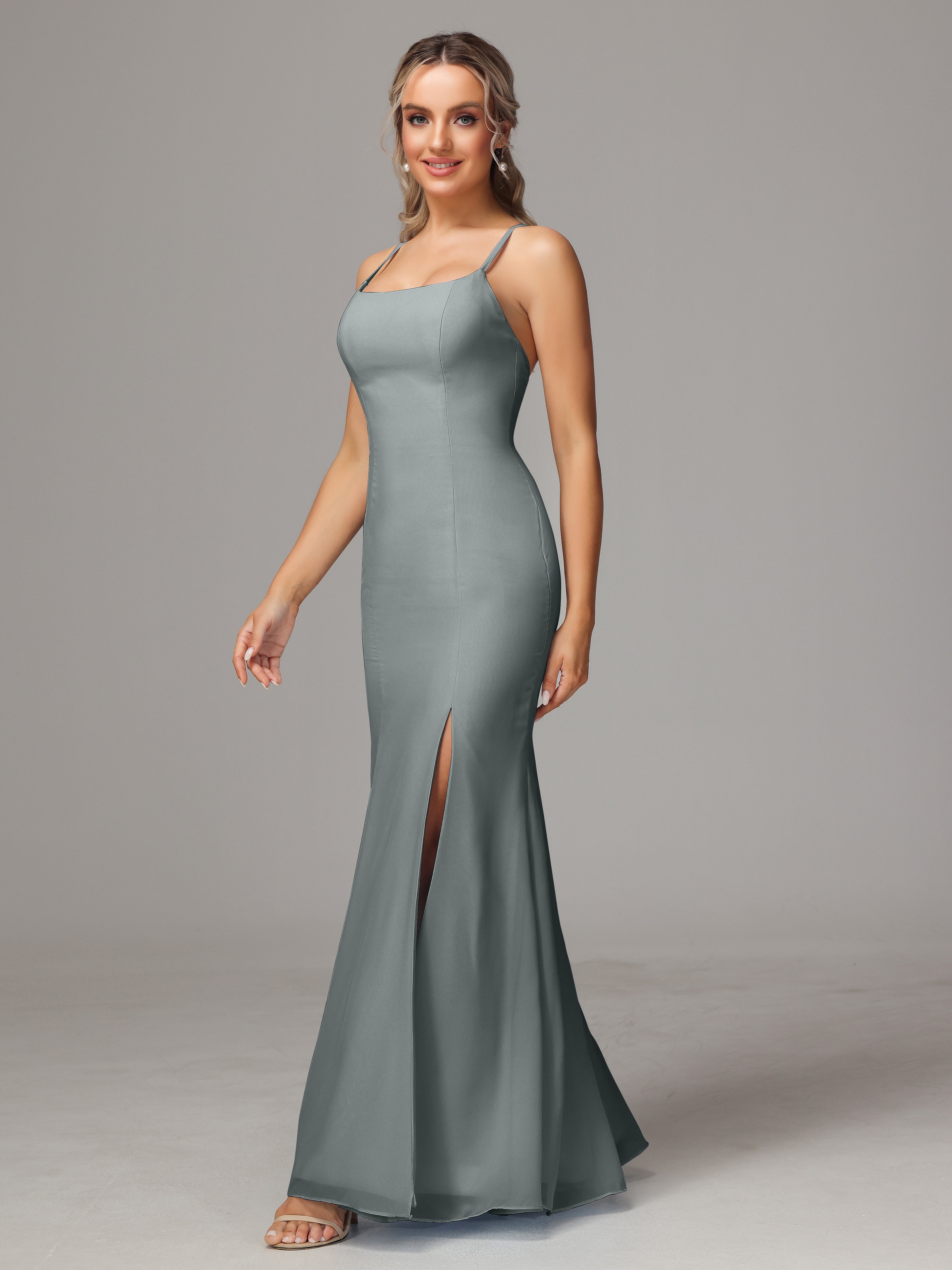 Spaghetti Straps Cross Back Chiffon Bridesmaid Dress
