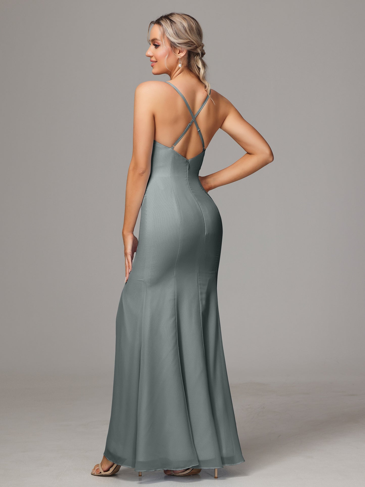 Spaghetti Straps Cross Back Chiffon Bridesmaid Dress