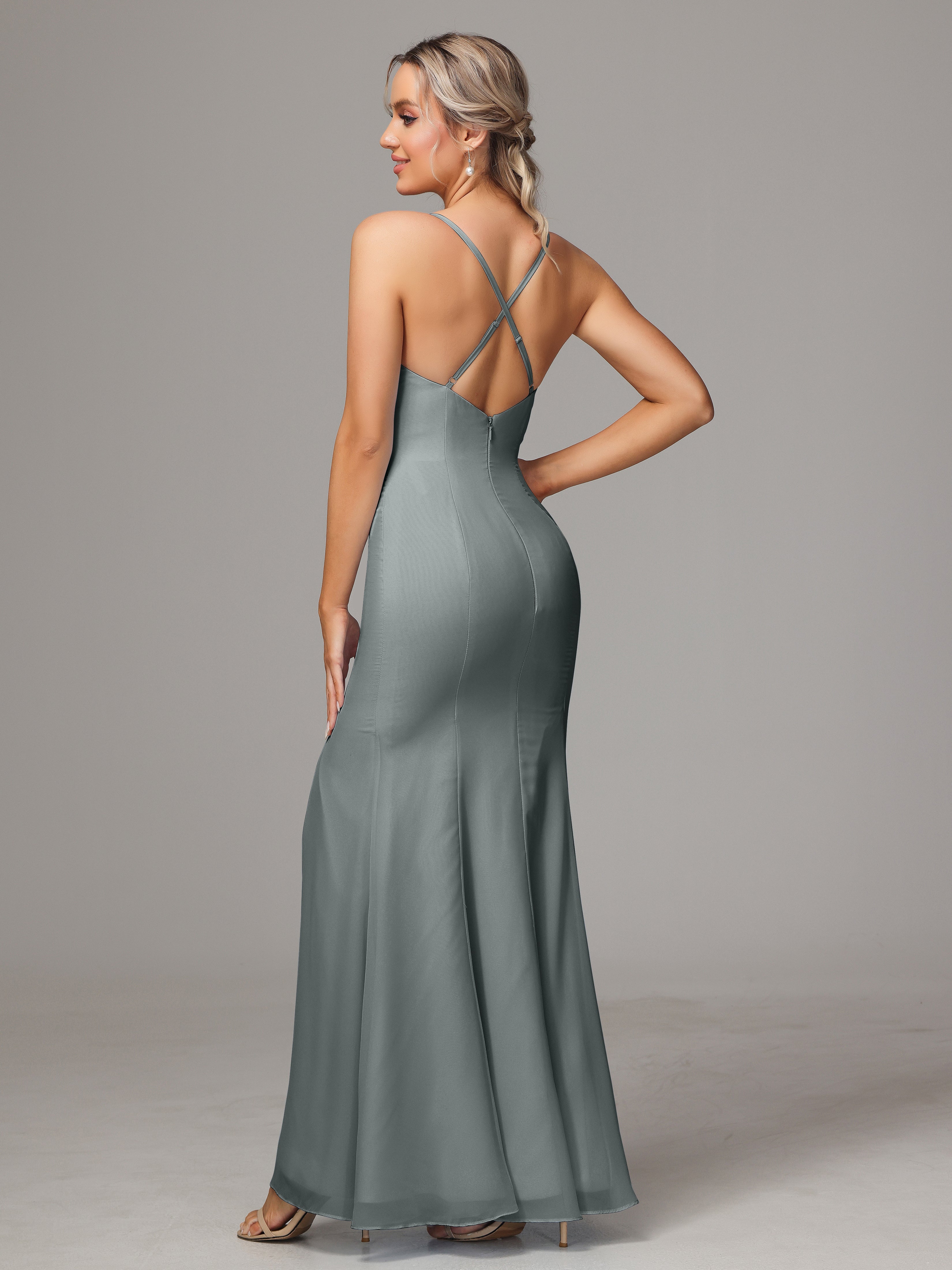 Spaghetti Straps Cross Back Chiffon Bridesmaid Dress