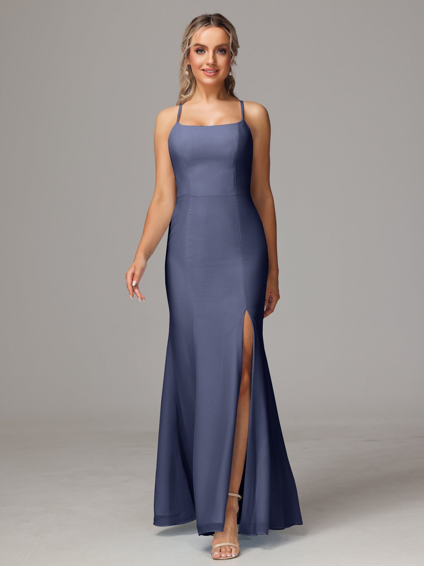 Spaghetti Straps Cross Back Chiffon Bridesmaid Dress
